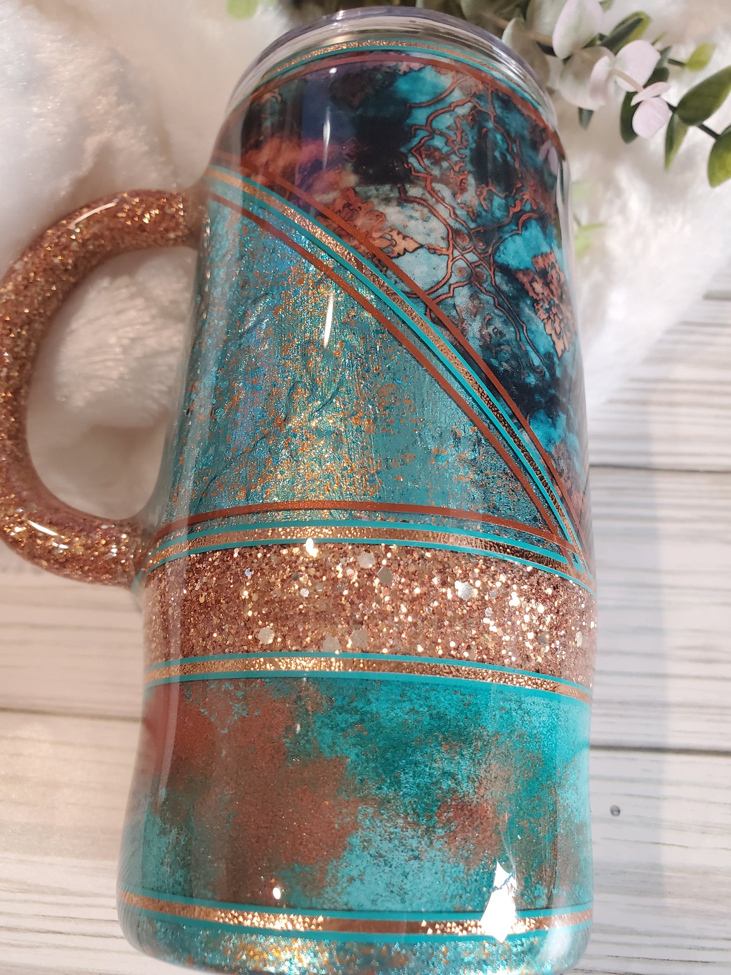 Western Texture Foil Glitter Handle Mug Tumbler - 16 oz Morning Mug - turquoise brown
