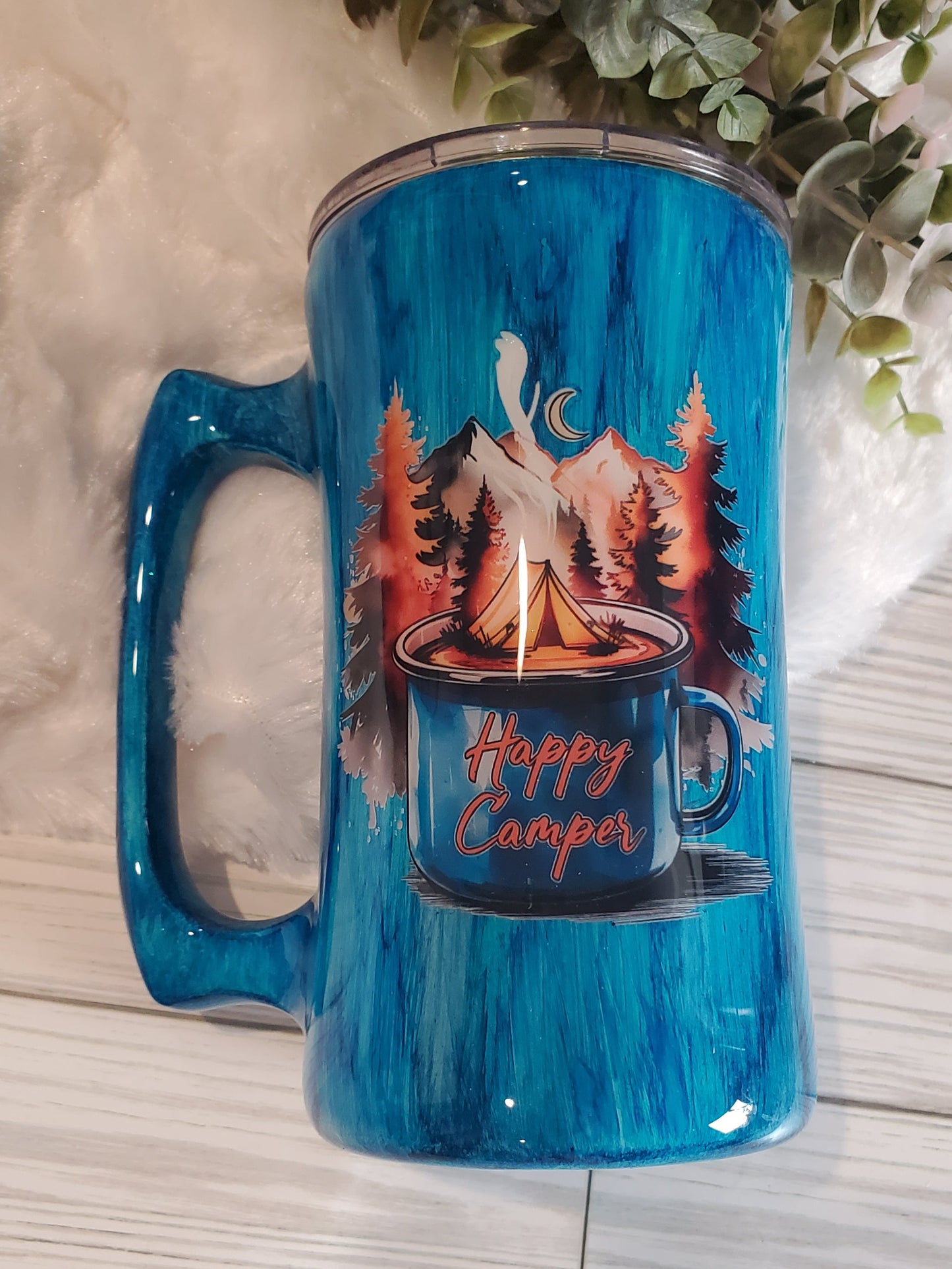 Happy Camper Blue Woodgrain Non Glitter Custom Tumbler - 20 oz handle beer mug - blue