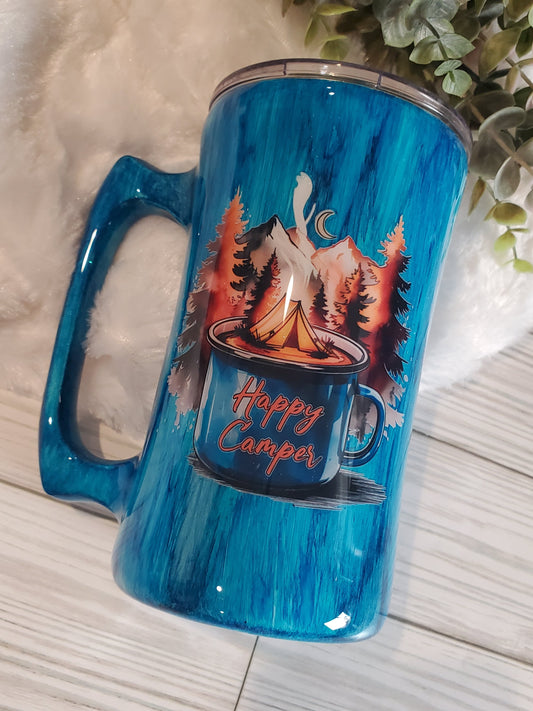 Happy Camper Blue Woodgrain Non Glitter Custom Tumbler - 20 oz handle beer mug - blue
