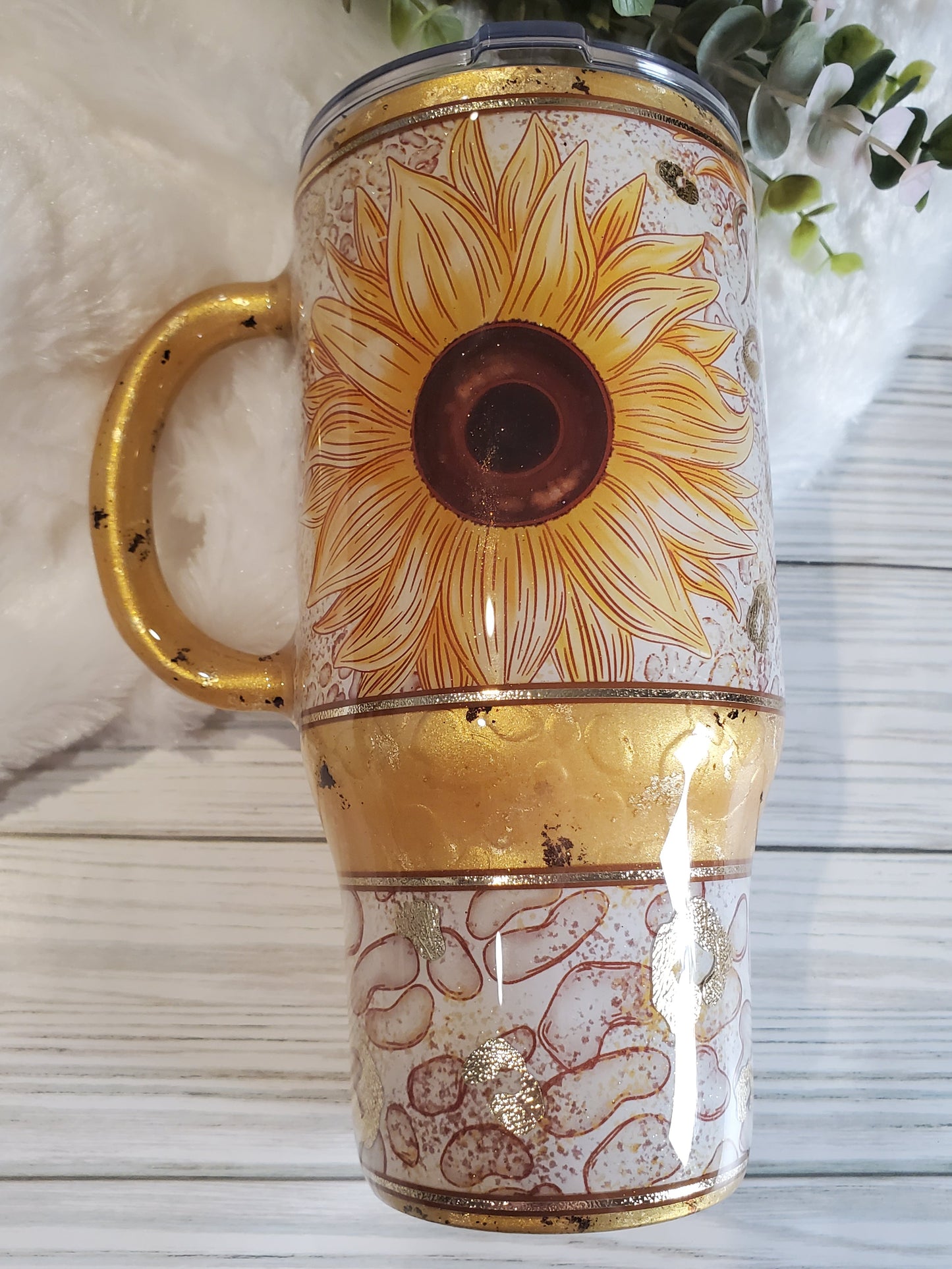 Sunflower leopard spots texture Custom Tumbler - 24 oz handled - yellow gold brown