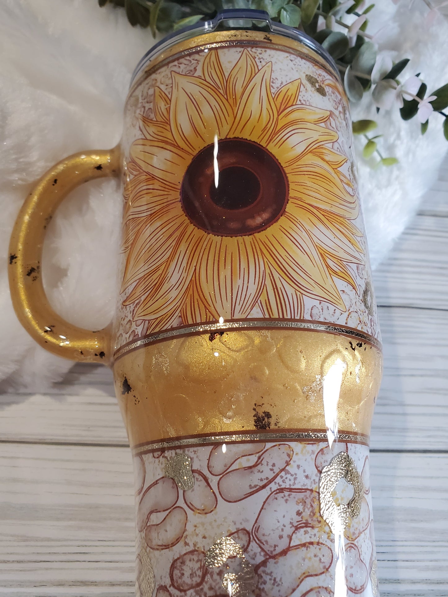 Sunflower leopard spots texture Custom Tumbler - 24 oz handled - yellow gold brown