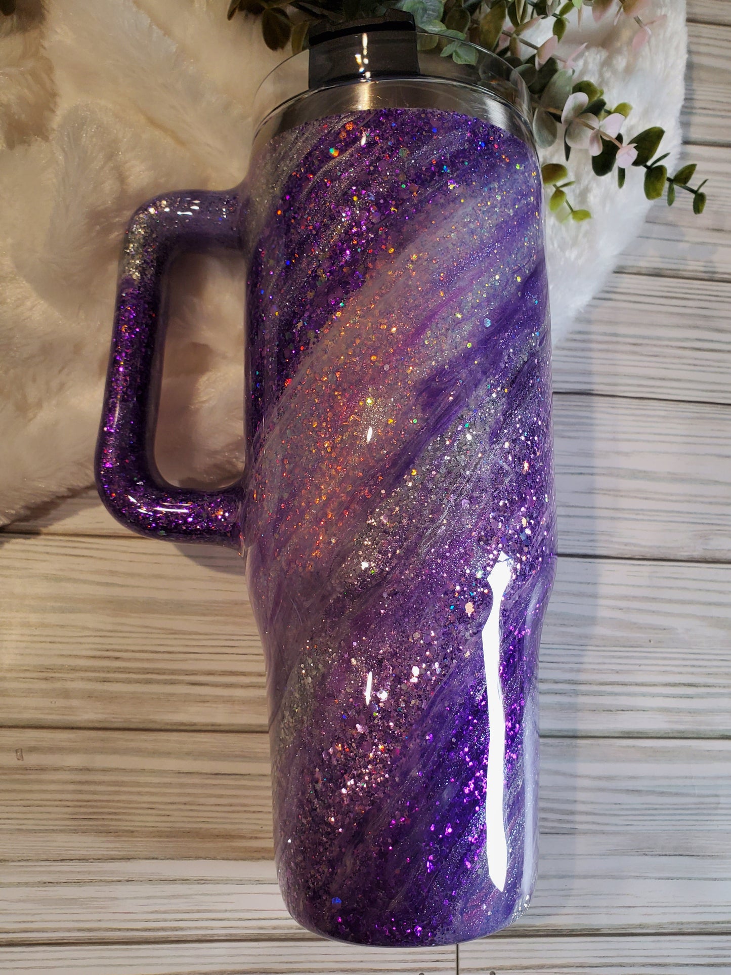 Purple Glitter Swirl Milky Way Custom Tumbler - 40 oz handle - purple silver