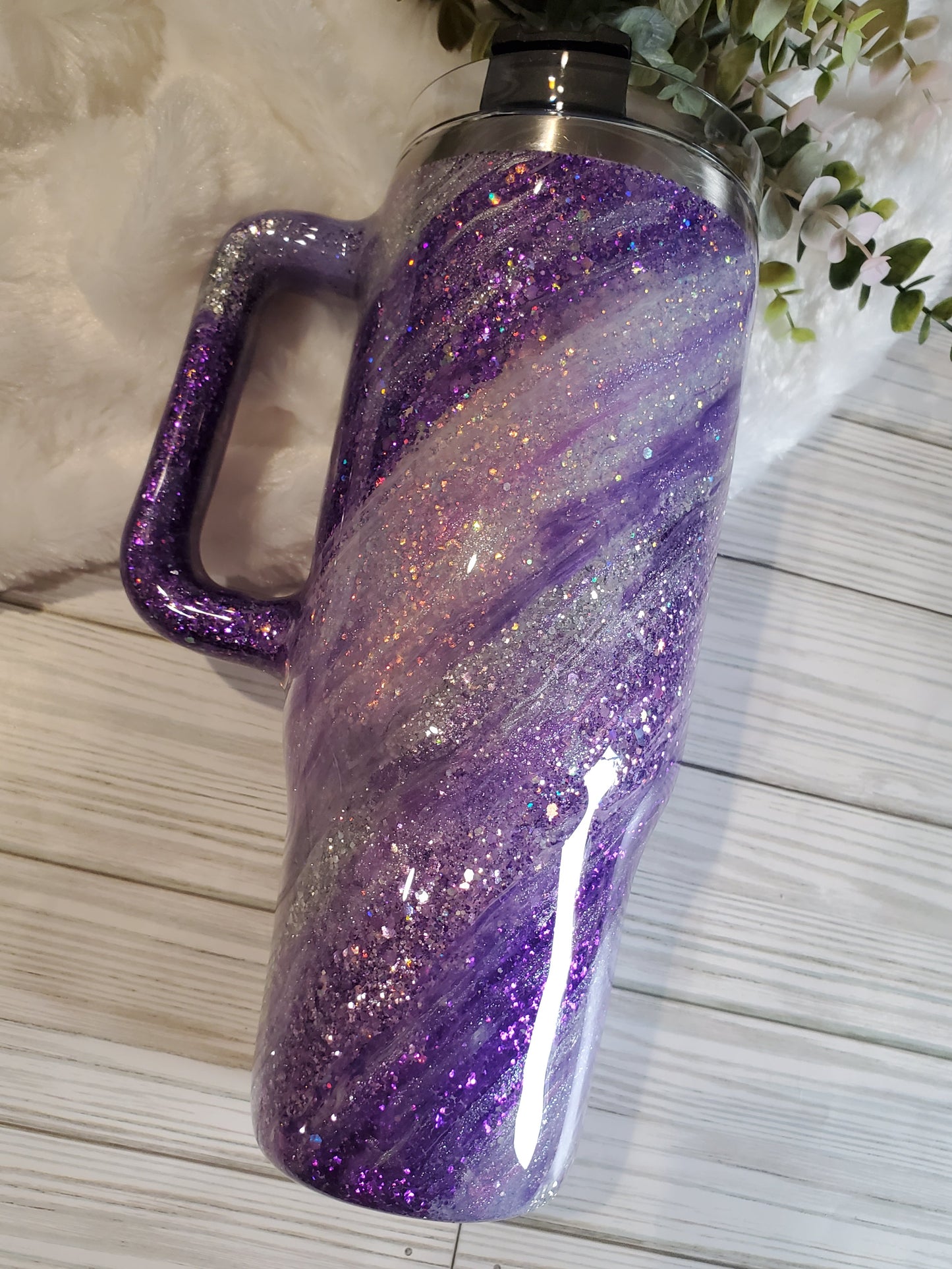 Purple Glitter Swirl Milky Way Custom Tumbler - 40 oz handle - purple silver