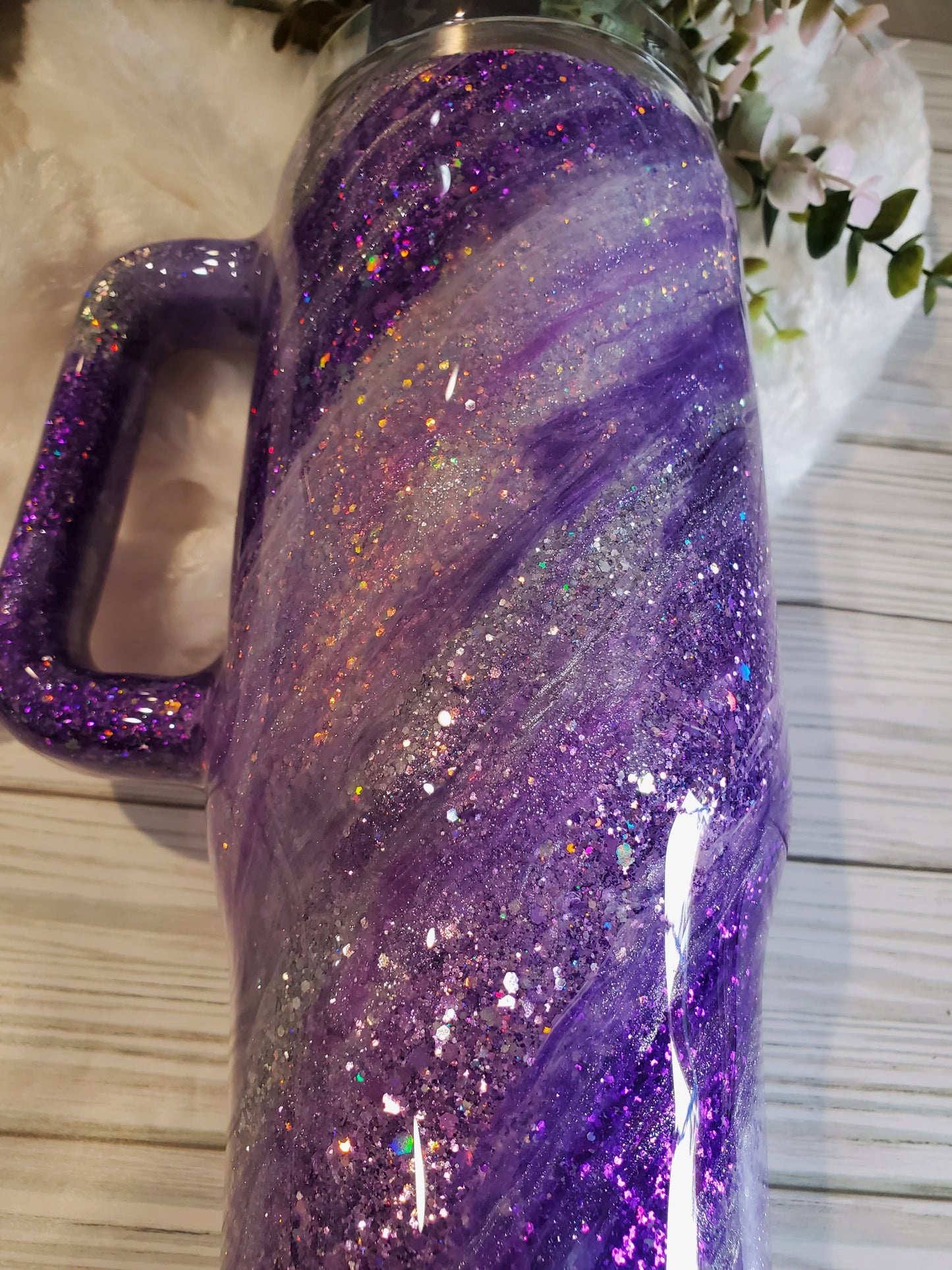 Purple Glitter Swirl Milky Way Custom Tumbler - 40 oz handle - purple silver