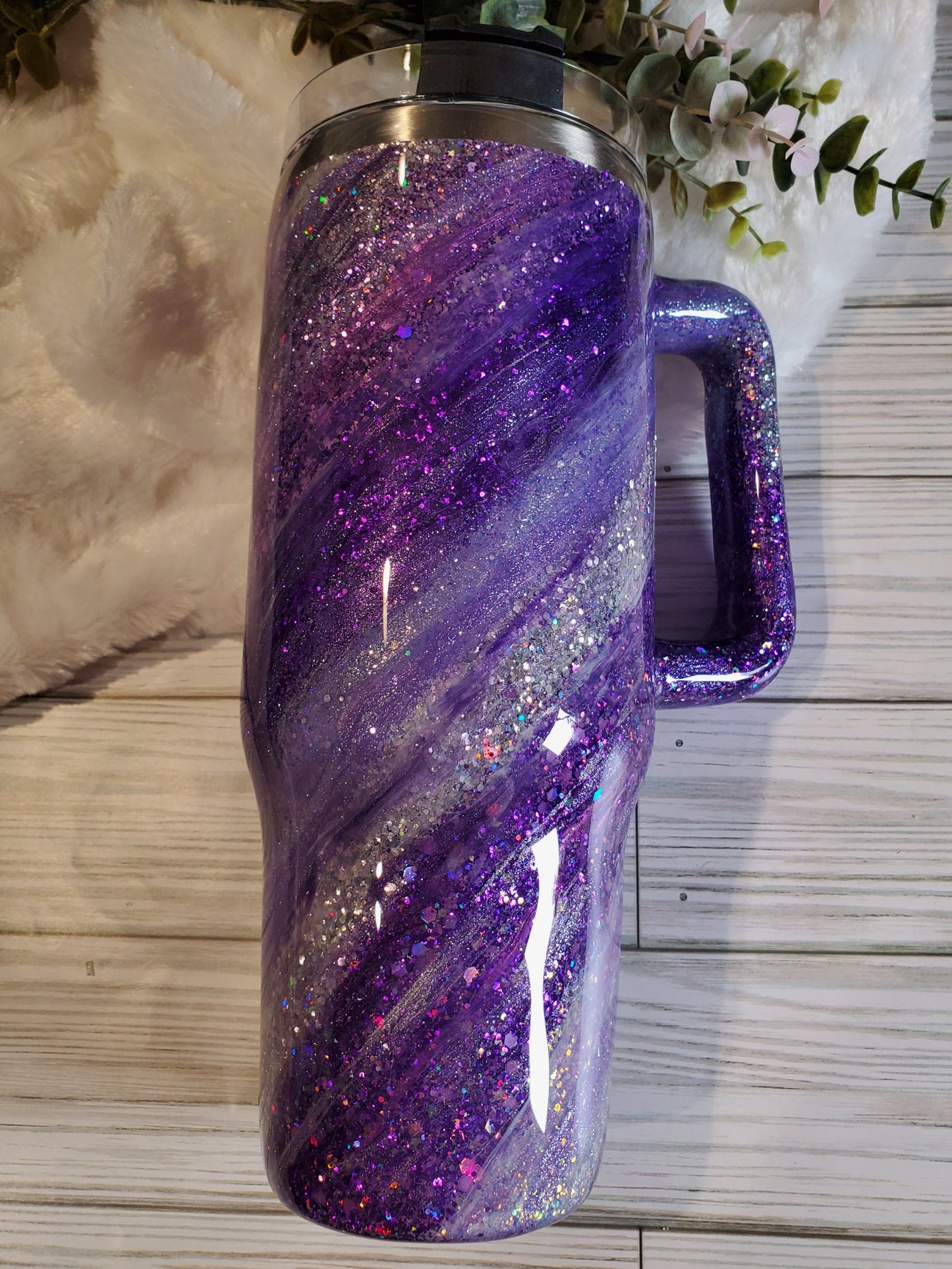 Purple Glitter Swirl Milky Way Custom Tumbler - 40 oz handle - purple silver