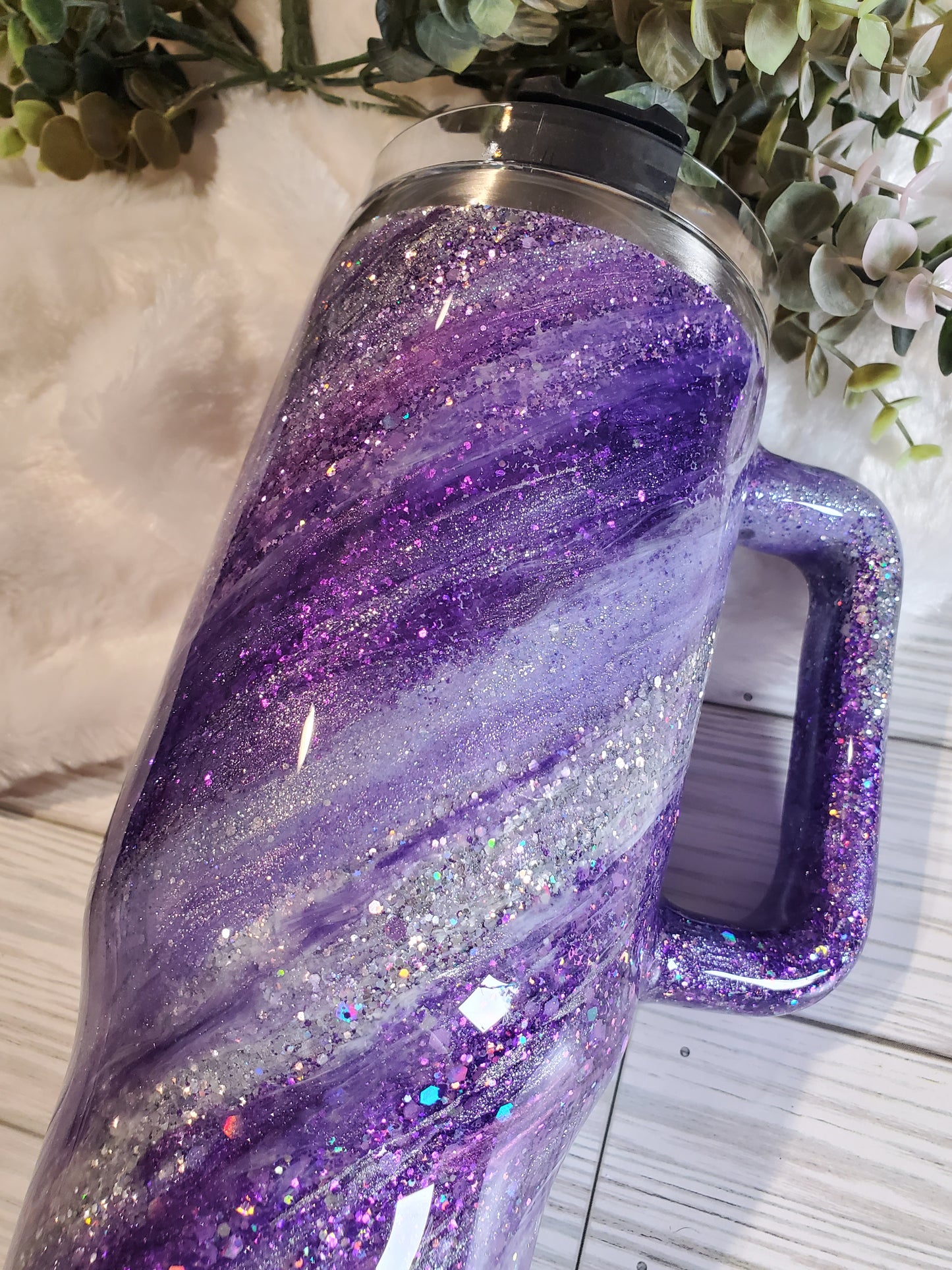 Purple Glitter Swirl Milky Way Custom Tumbler - 40 oz handle - purple silver