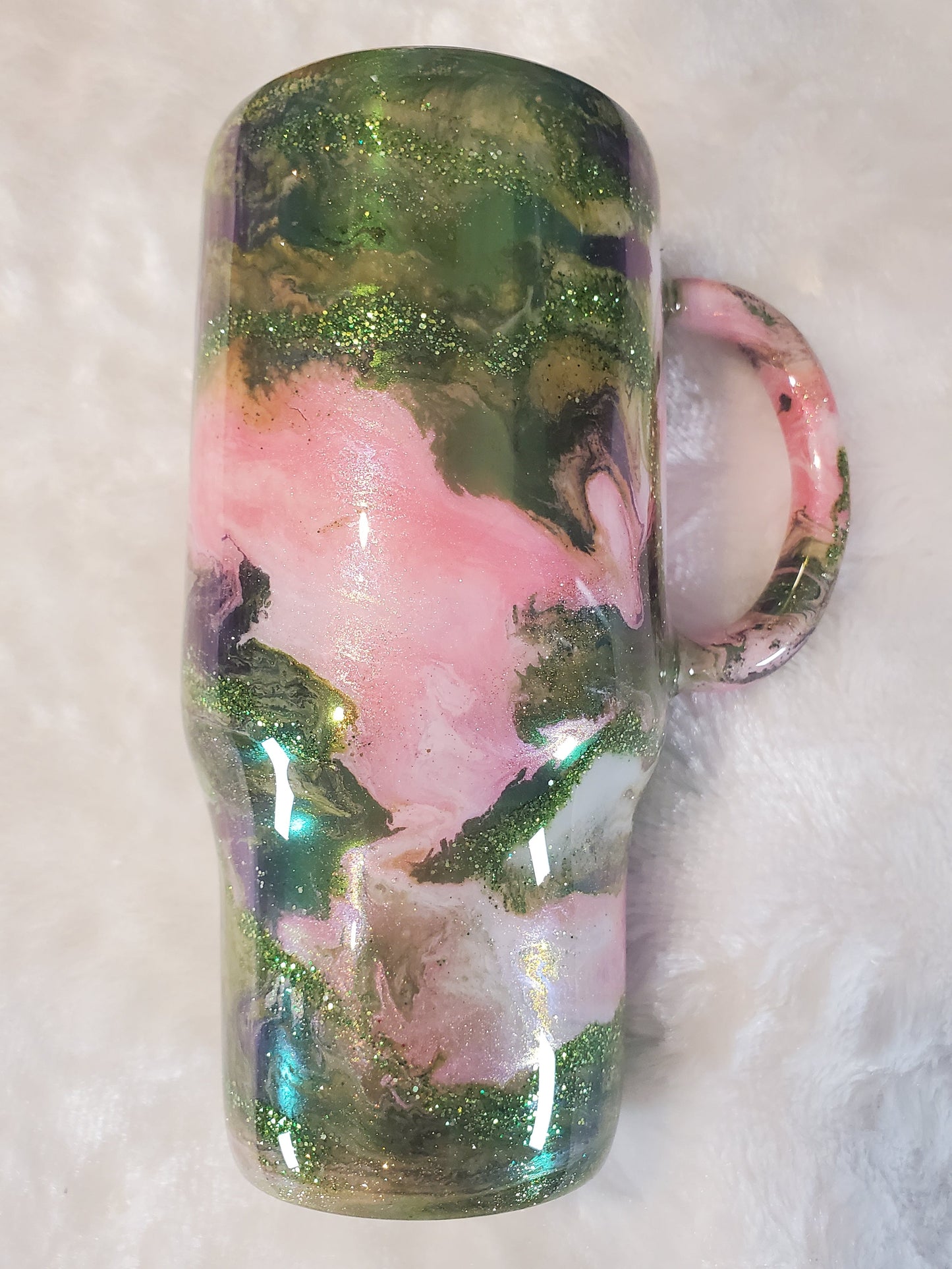 Wicked colors ink swirl glitter Custom Tumbler - 24 oz handled - green pink