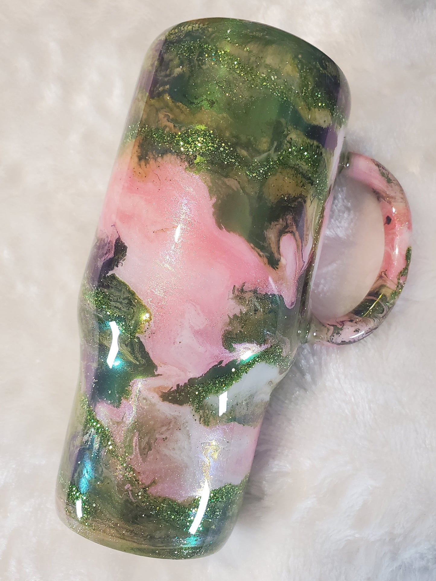 Wicked colors ink swirl glitter Custom Tumbler - 24 oz handled - green pink