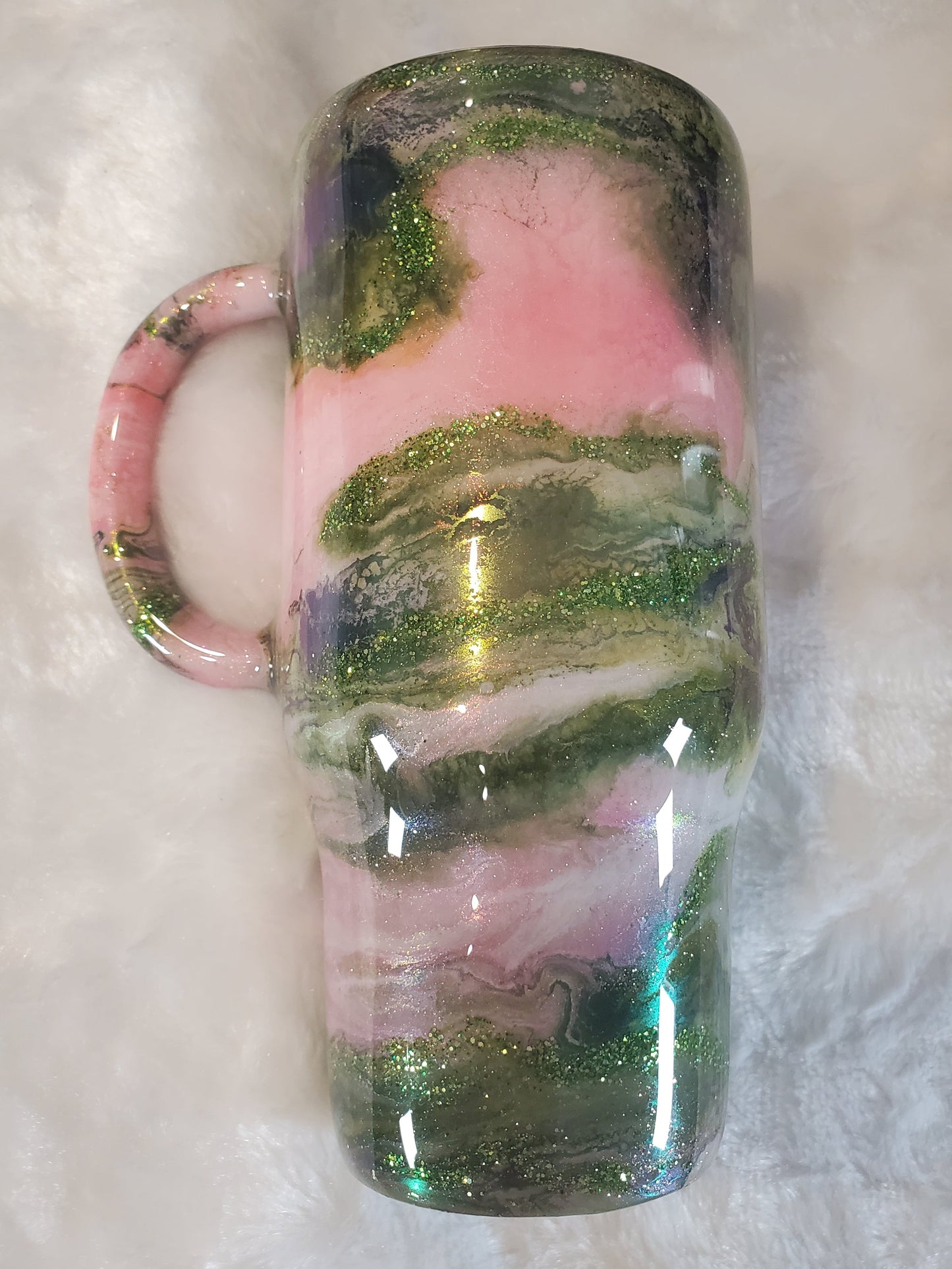 Wicked colors ink swirl glitter Custom Tumbler - 24 oz handled - green pink