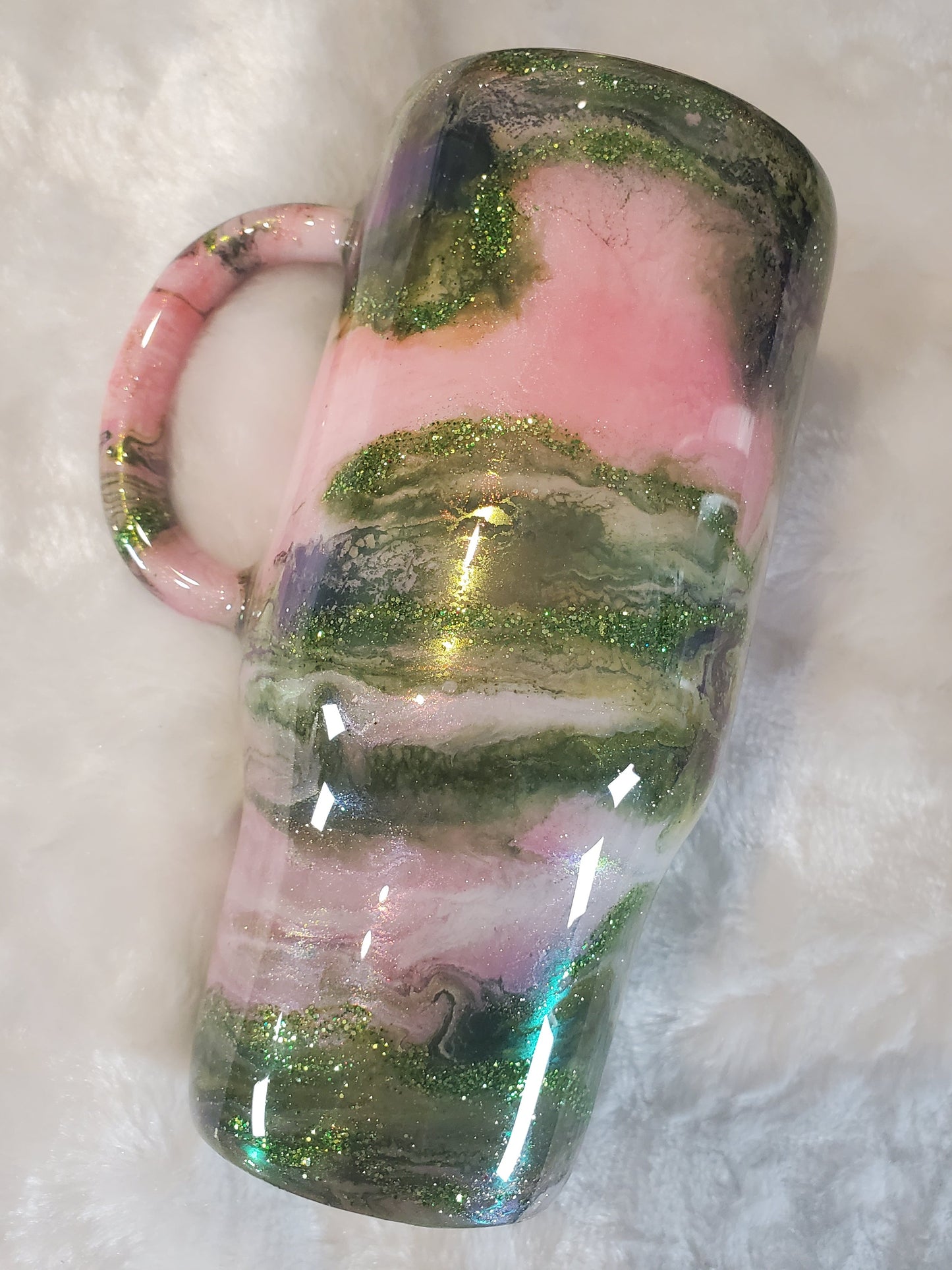 Wicked colors ink swirl glitter Custom Tumbler - 24 oz handled - green pink