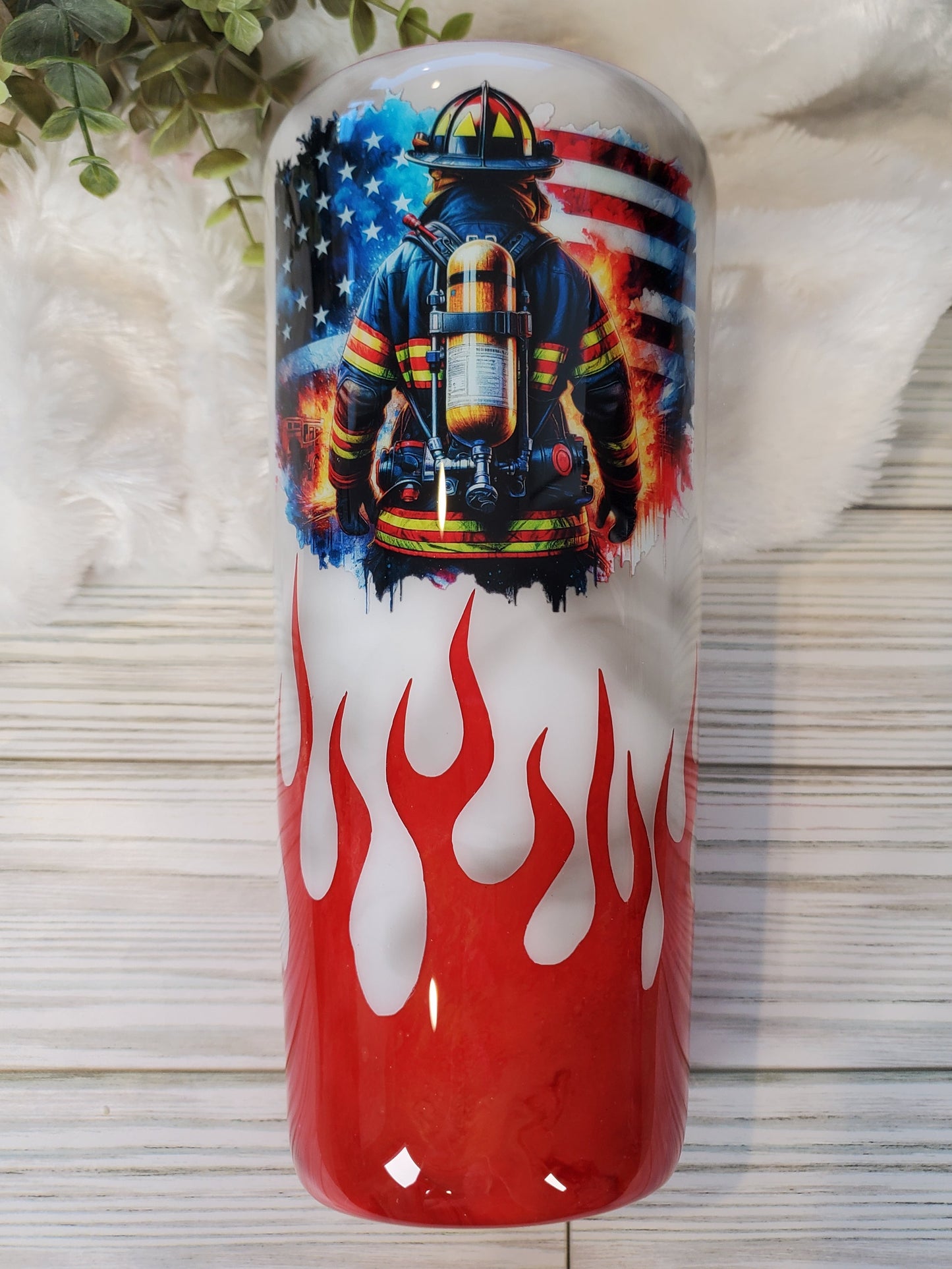 Firefighter Non Glitter Custom Tumbler - 32 oz slim taper - red orange yellow black