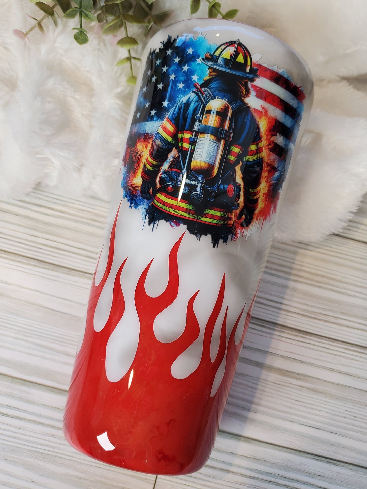 Firefighter Non Glitter Custom Tumbler - 32 oz slim taper - red orange yellow black