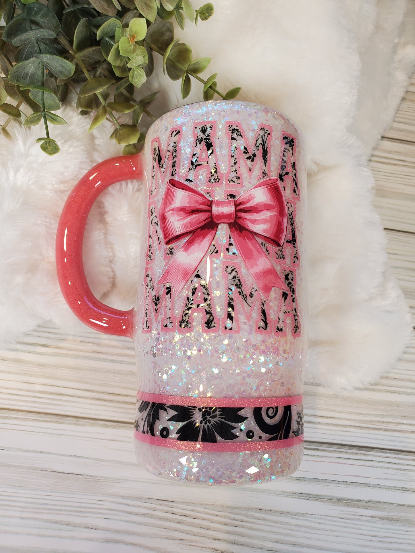 MAMA BOW pink Glitter Custom Mug Tumbler - 16 oz Morning Mug - white pink