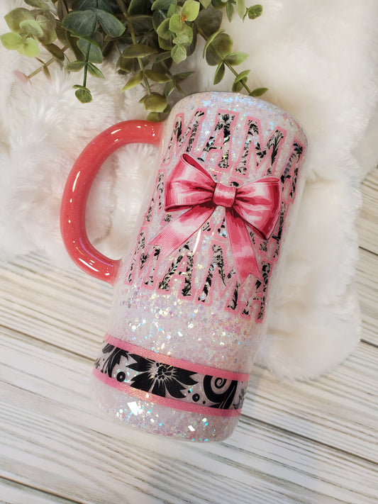 MAMA BOW pink Glitter Custom Mug Tumbler - 16 oz Morning Mug - white pink