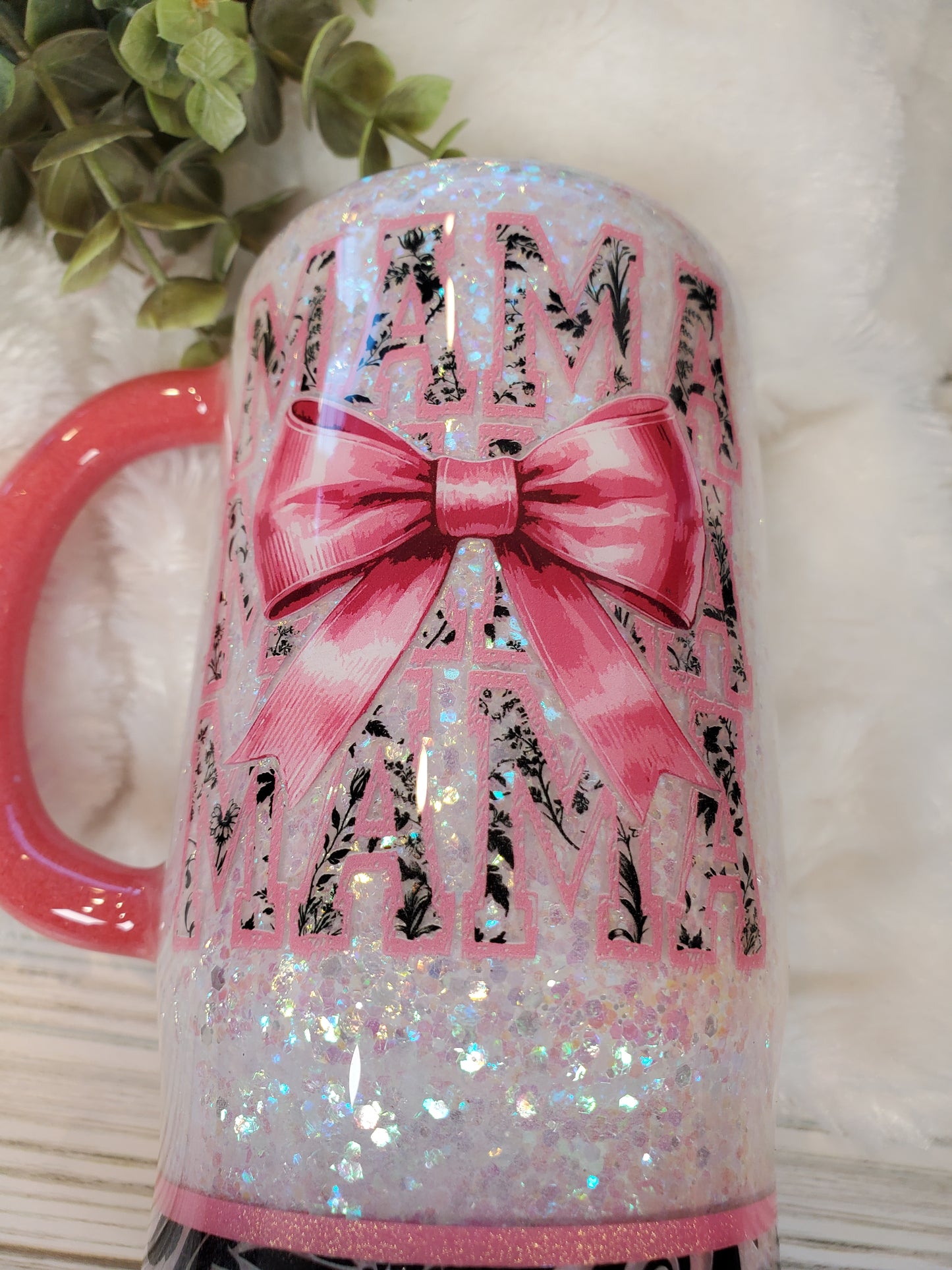 MAMA BOW pink Glitter Custom Mug Tumbler - 16 oz Morning Mug - white pink