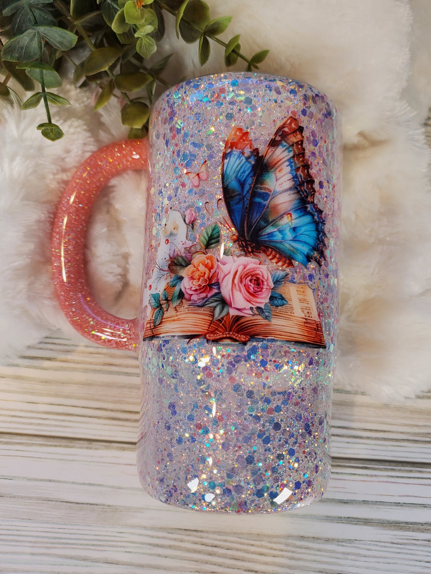 Book Butterfly Glitter Coffee Custom Mug Tumbler - 16 oz Morning Mug - white coral