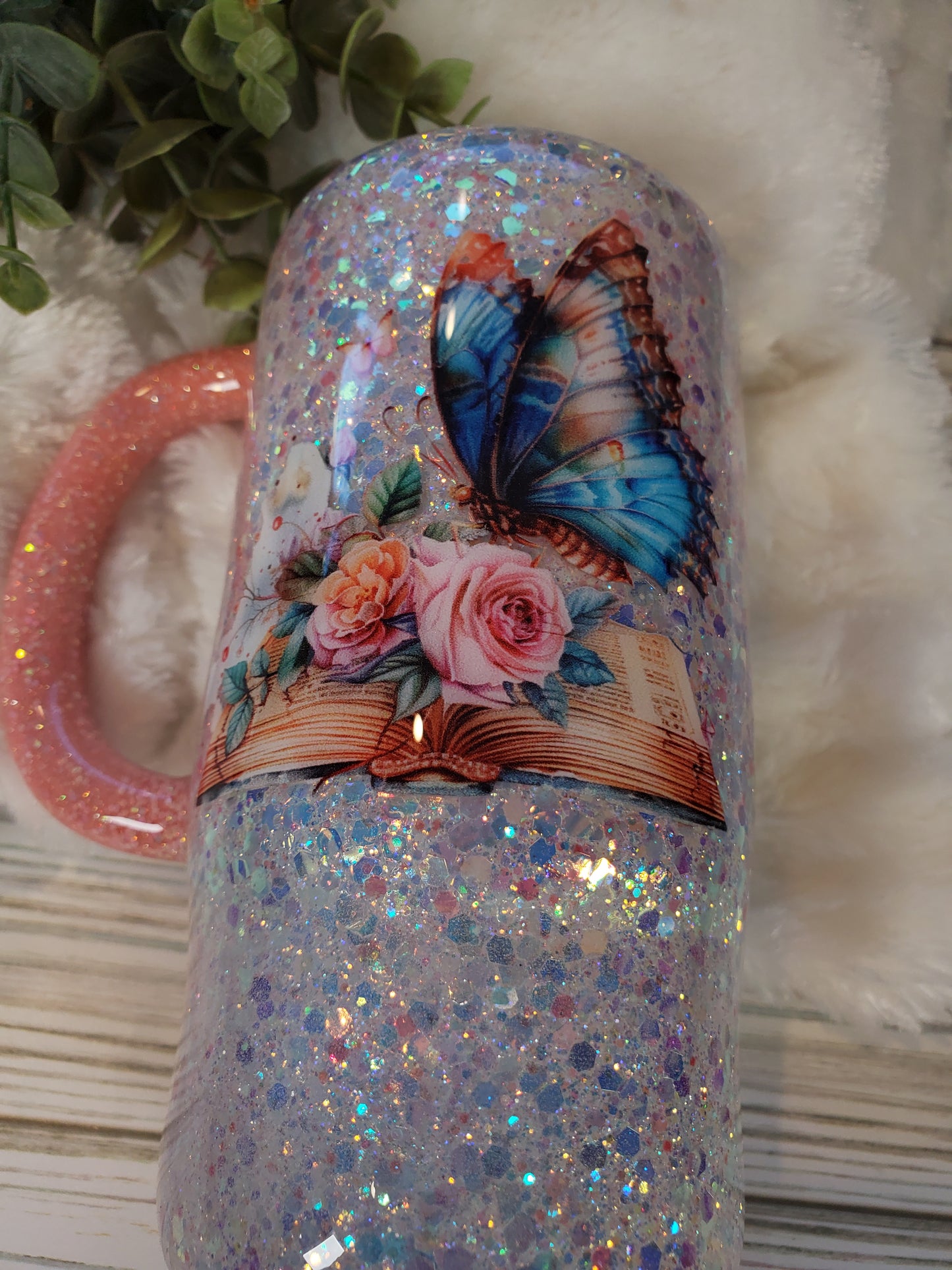 Book Butterfly Glitter Coffee Custom Mug Tumbler - 16 oz Morning Mug - white coral
