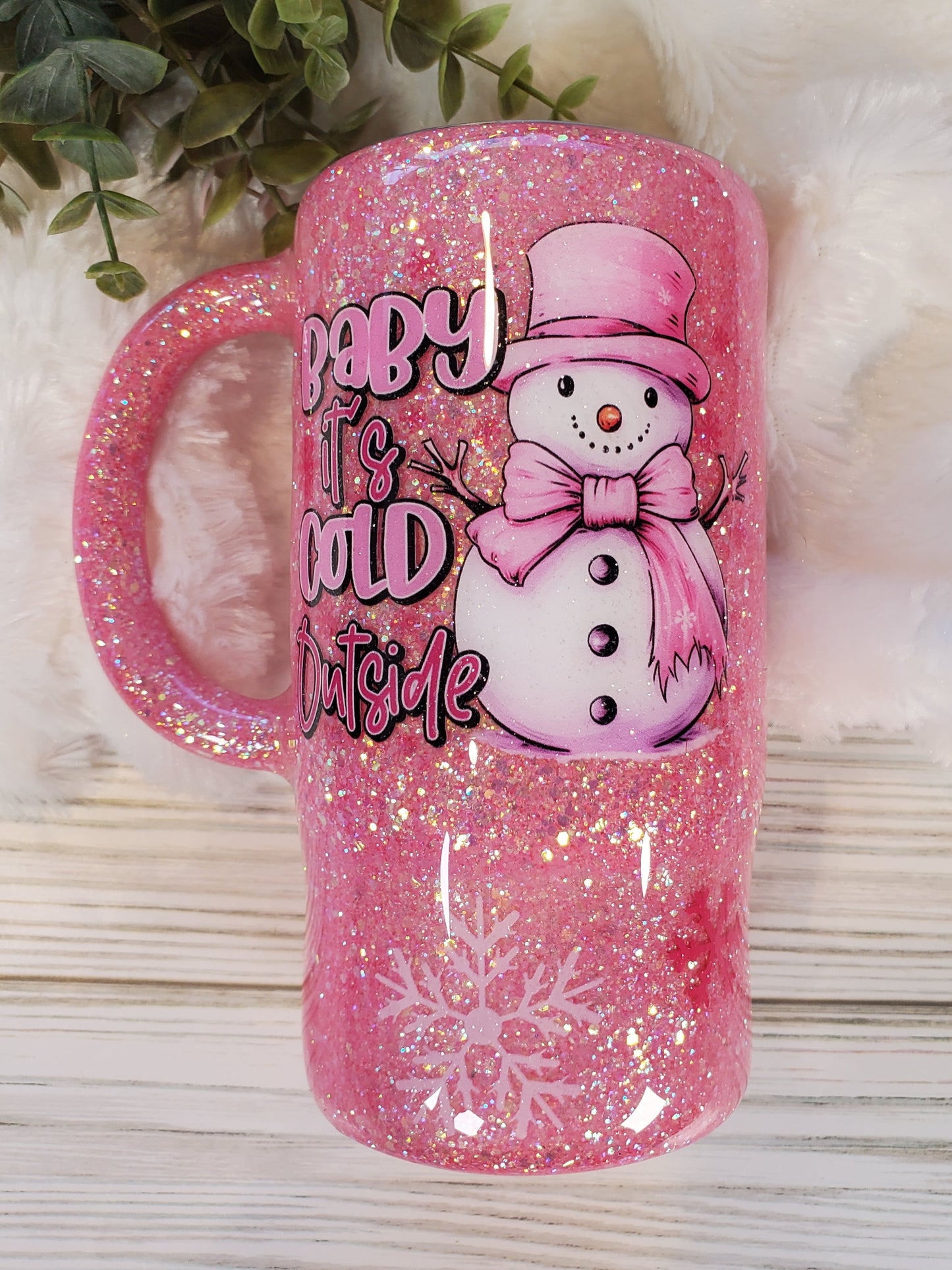 Baby It's Cold Outside Snowman Glitter Handle Mug Tumbler - 16 oz Morning Mug - pink