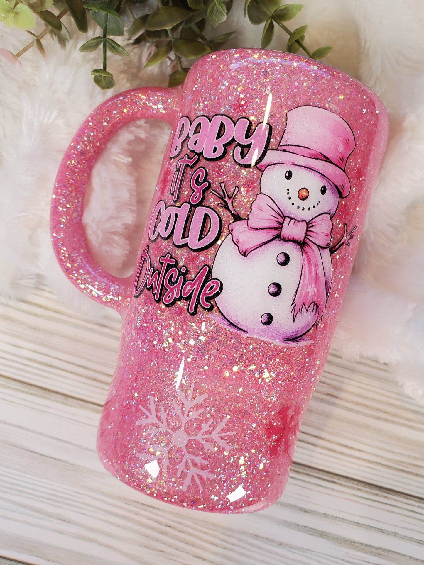 Baby It's Cold Outside Snowman Glitter Handle Mug Tumbler - 16 oz Morning Mug - pink