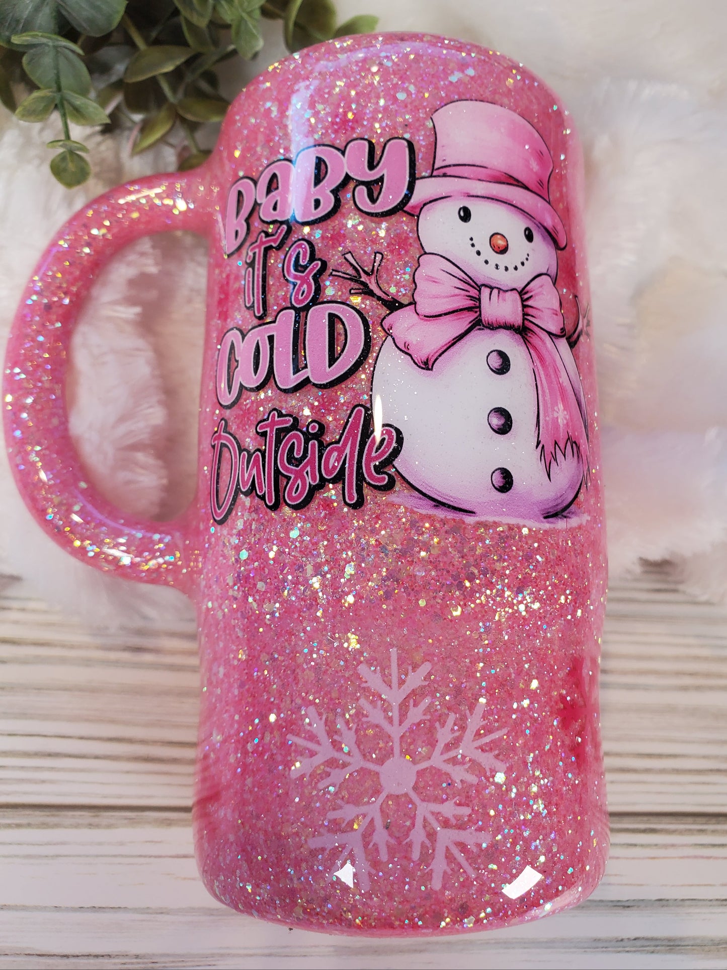 Baby It's Cold Outside Snowman Glitter Handle Mug Tumbler - 16 oz Morning Mug - pink