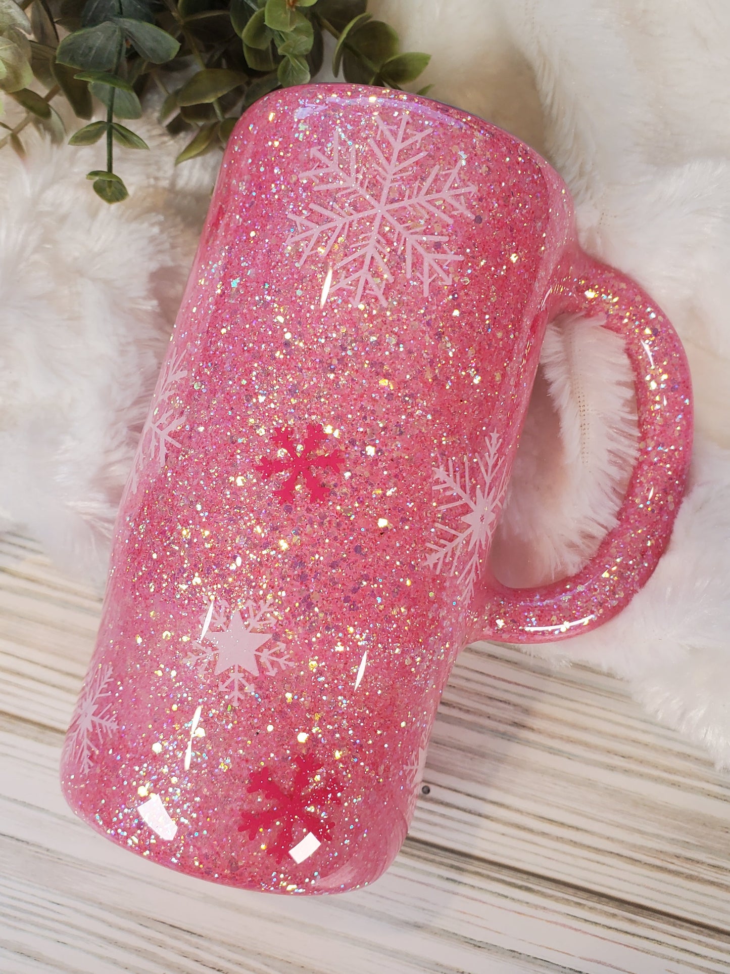 Baby It's Cold Outside Snowman Glitter Handle Mug Tumbler - 16 oz Morning Mug - pink