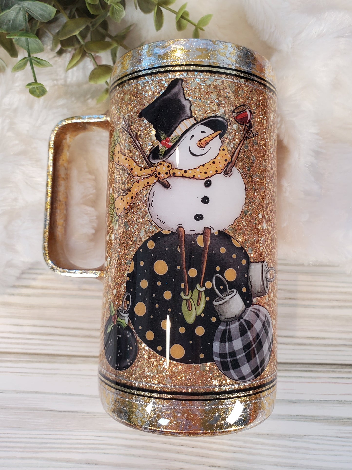 Snowman on Ornament Glitter Foil Handle Mug Tumbler - 16 oz Handled Mug - gold