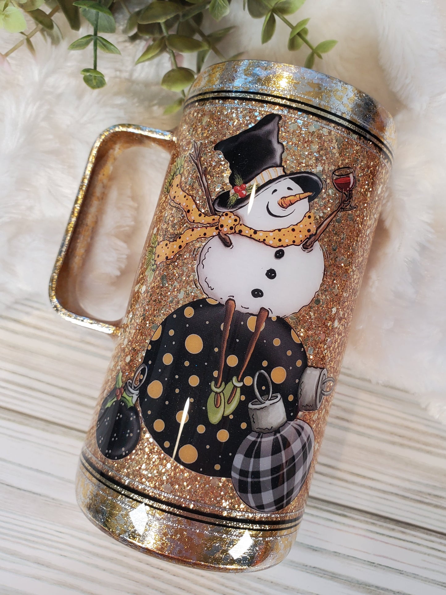 Snowman on Ornament Glitter Foil Handle Mug Tumbler - 16 oz Handled Mug - gold