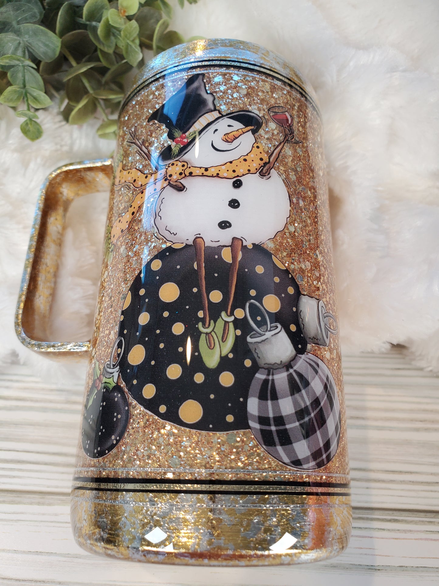 Snowman on Ornament Glitter Foil Handle Mug Tumbler - 16 oz Handled Mug - gold
