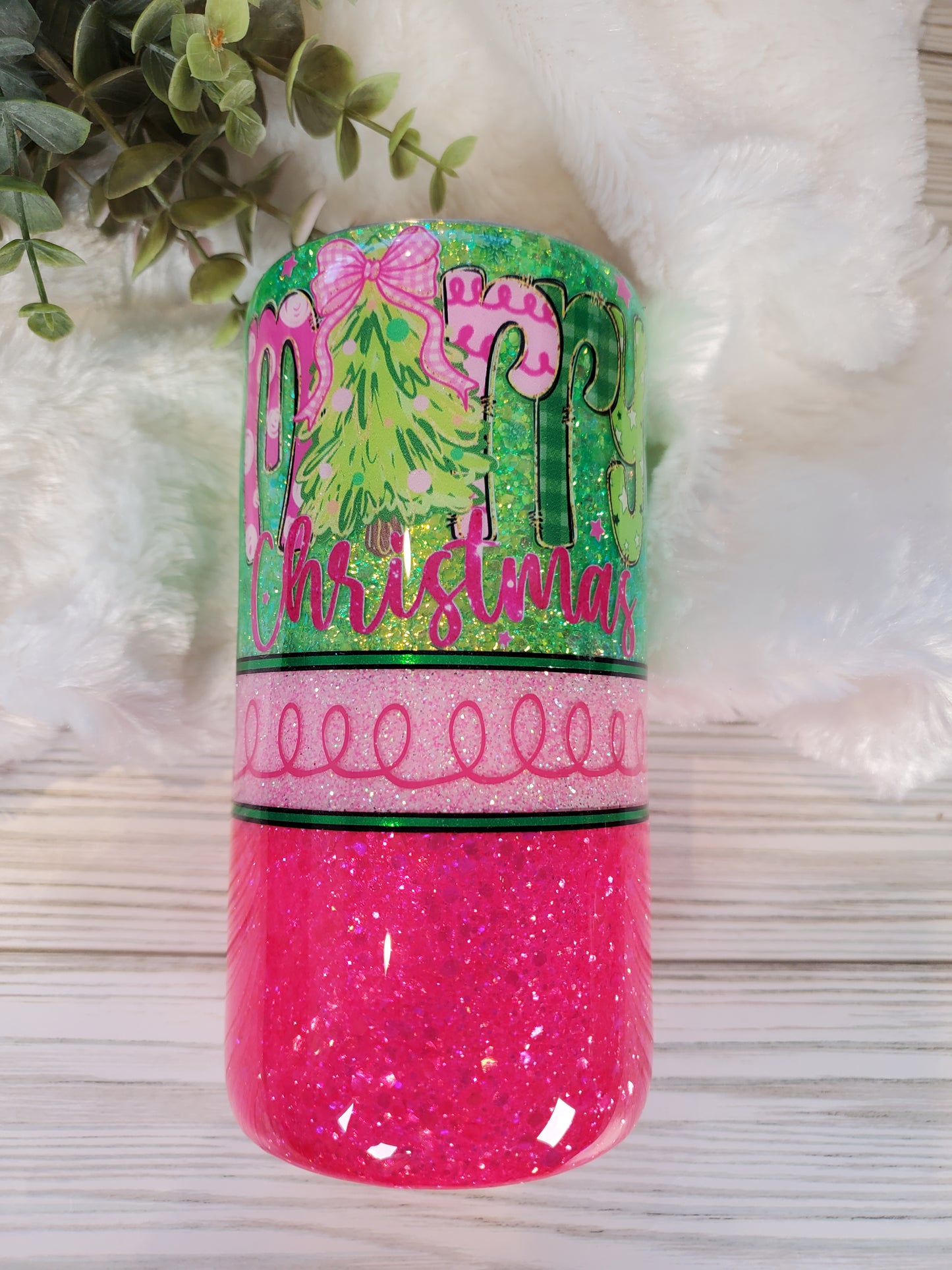 Merry Christmas Pink Green Glitter Custom Tumbler - 15 oz - bright pink and green