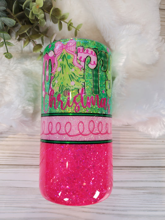 Merry Christmas Pink Green Glitter Custom Tumbler - 15 oz - bright pink and green