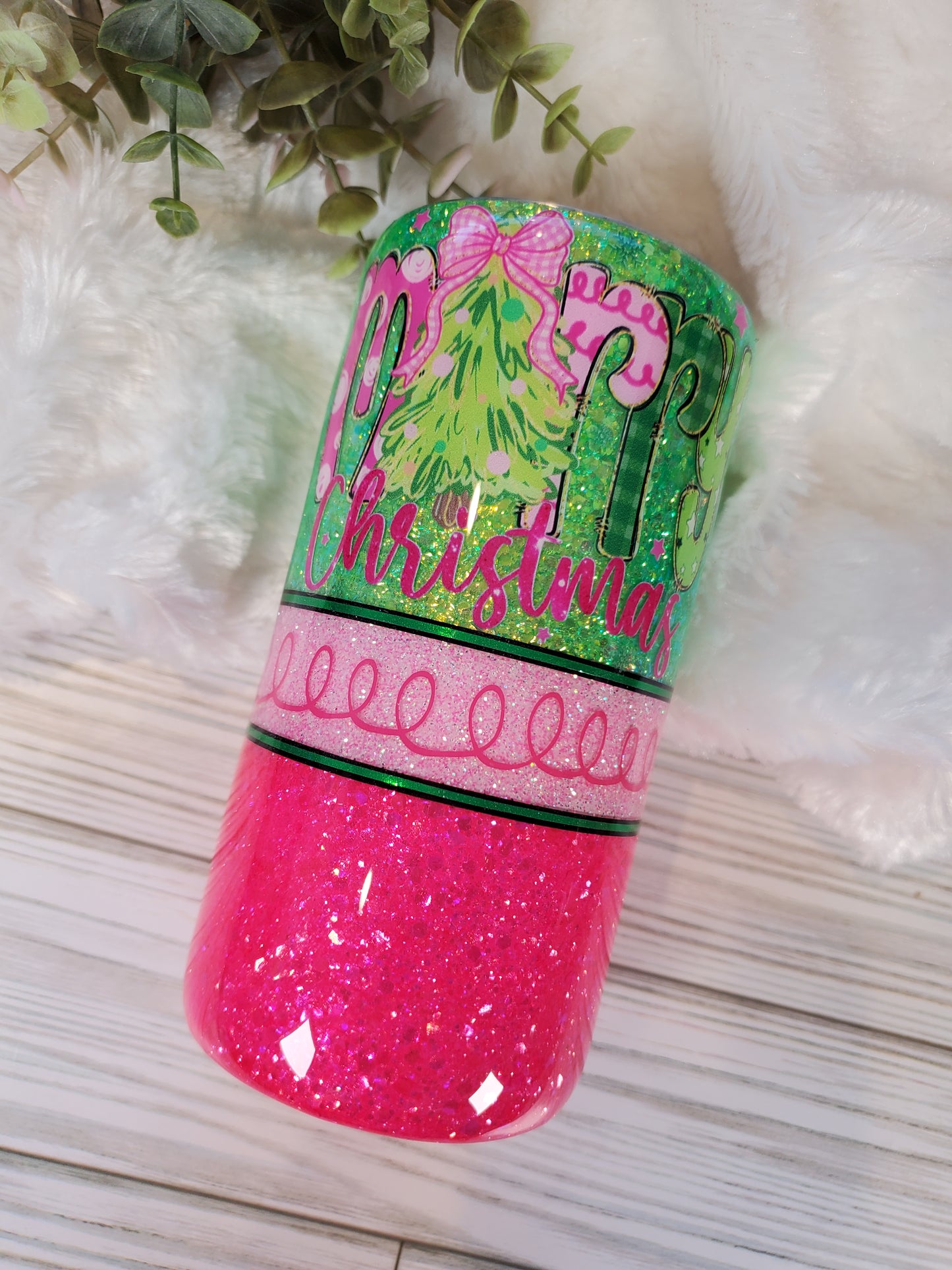 Merry Christmas Pink Green Glitter Custom Tumbler - 15 oz - bright pink and green