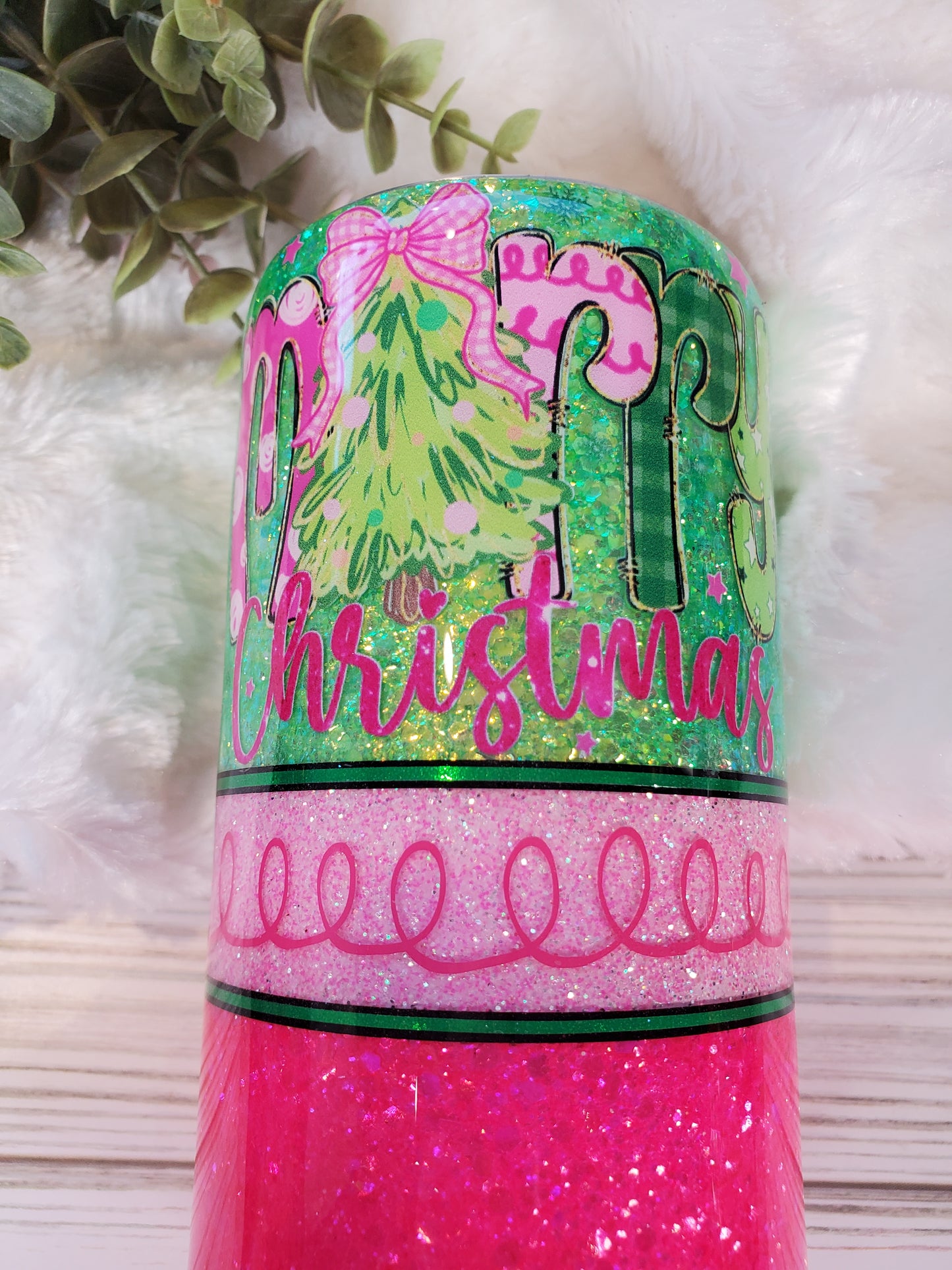 Merry Christmas Pink Green Glitter Custom Tumbler - 15 oz - bright pink and green