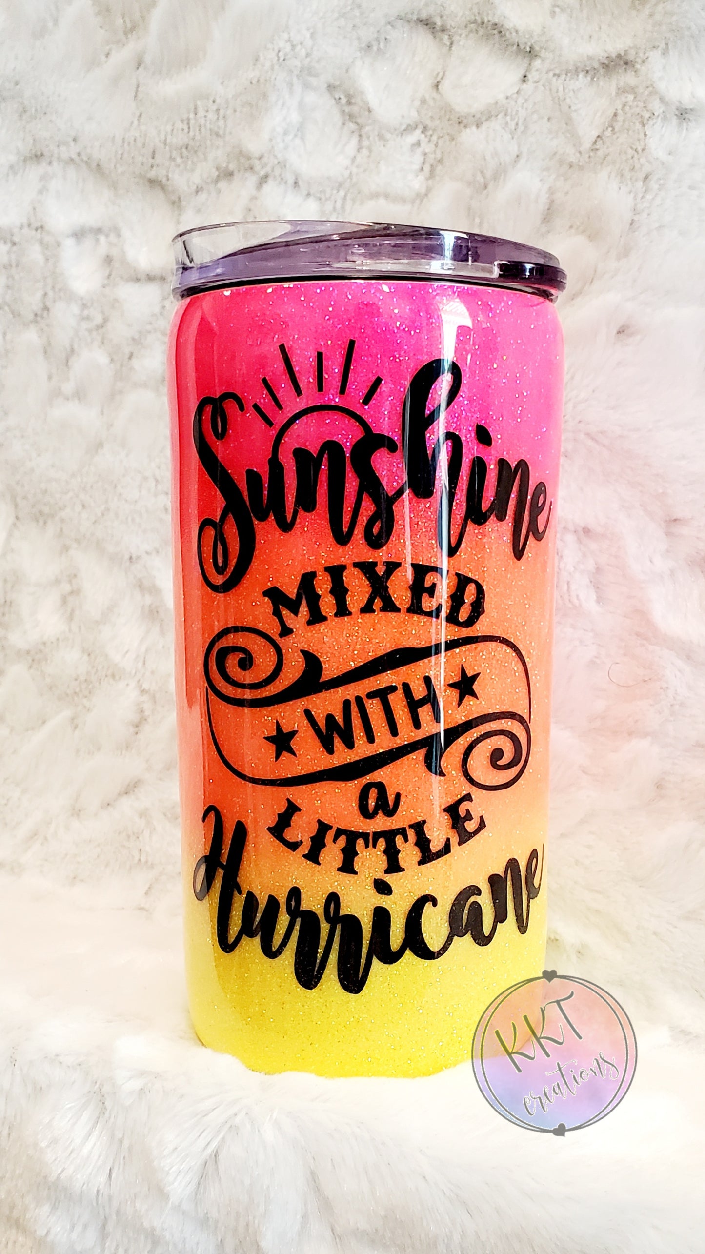 Sunshine mixed with a Little Hurricane Neon Custom Tumbler - 12 oz SLIM douzie (kouzie & regular lid)