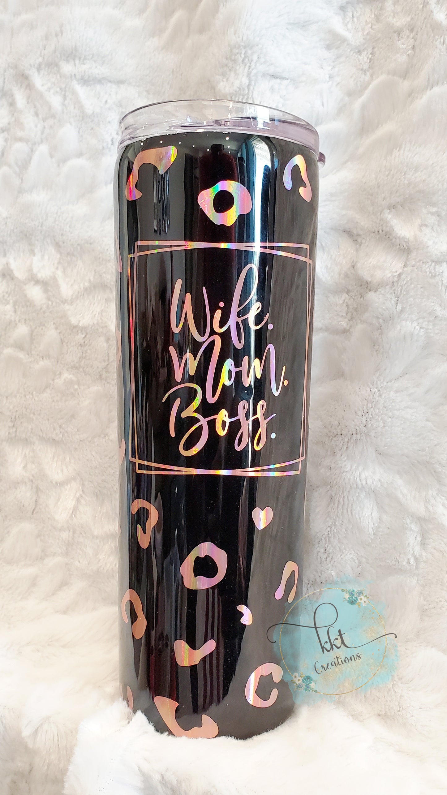 Wife Mom Boss Custom Tumbler - 20 oz skinny straight - black, rose gold