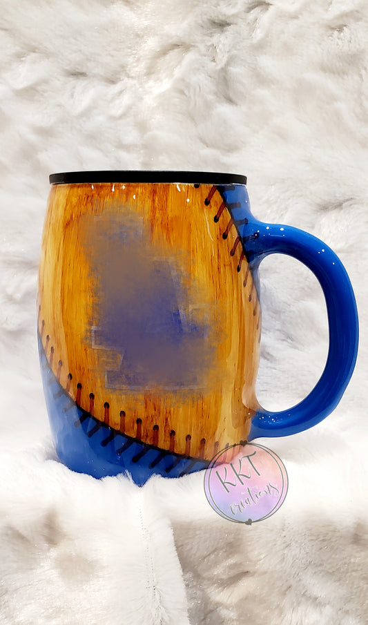 Split Baseball Boys in Blue Non Glitter Tumbler Mug - 14 oz curved coffee mug - Woodgrain/blue/white