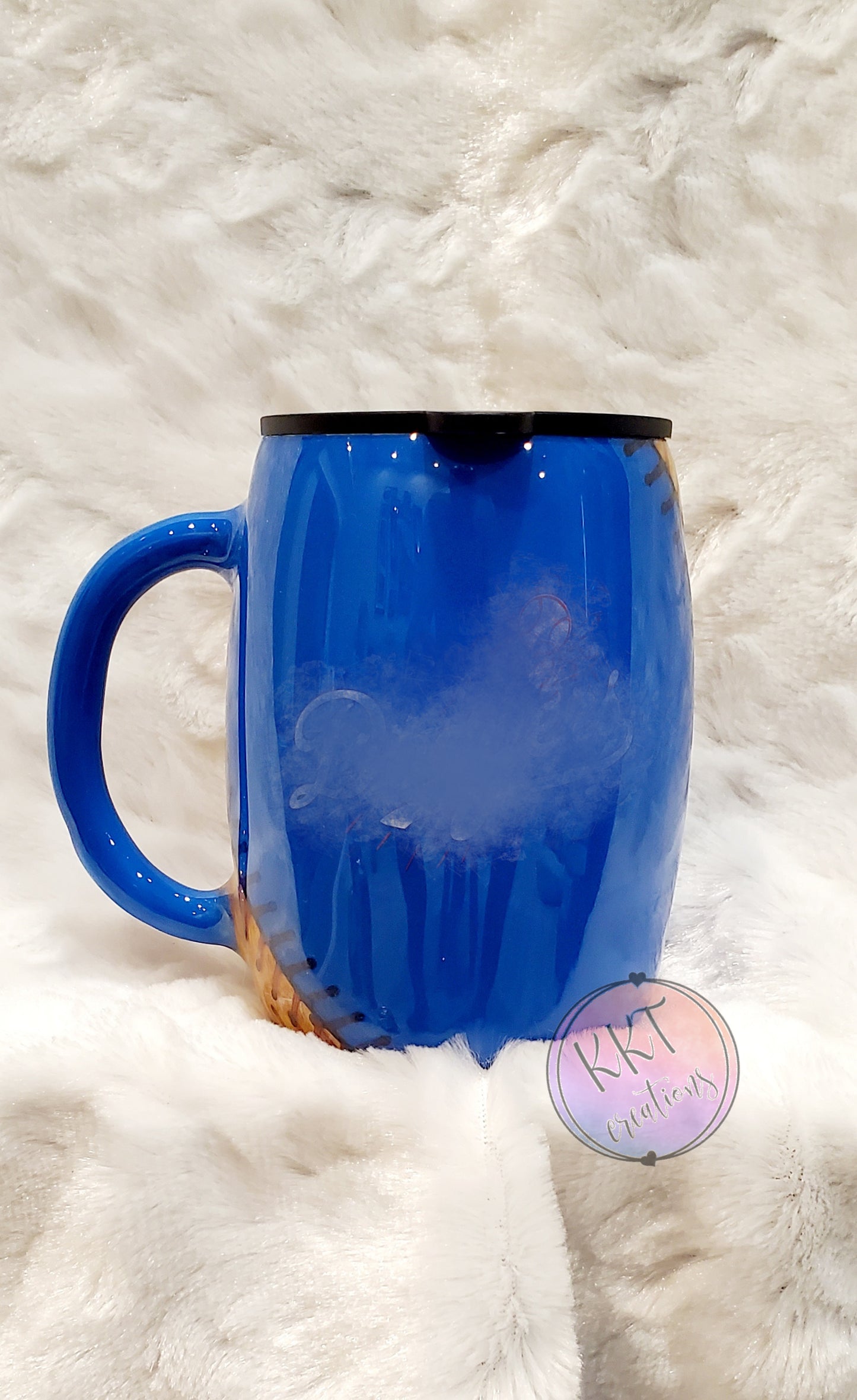 Split Baseball Boys in Blue Non Glitter Tumbler Mug - 14 oz curved coffee mug - Woodgrain/blue/white