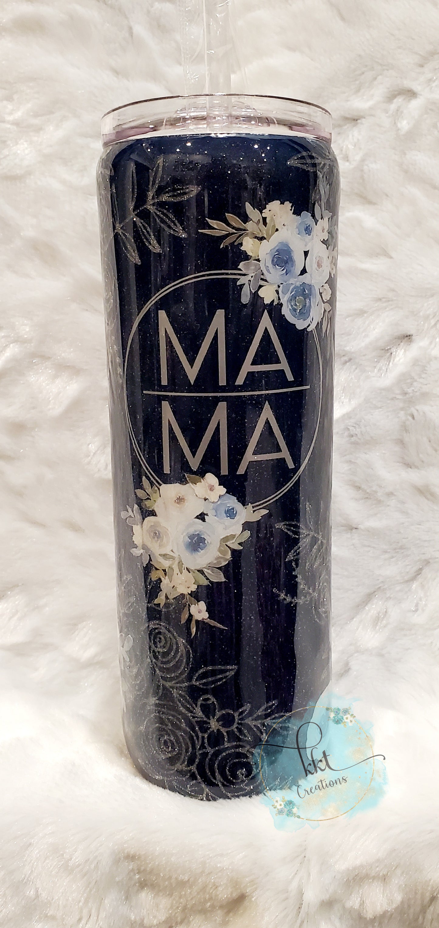 MAMA floral peekaboo custom tumbler - 20 oz skinny - navy blue, silver