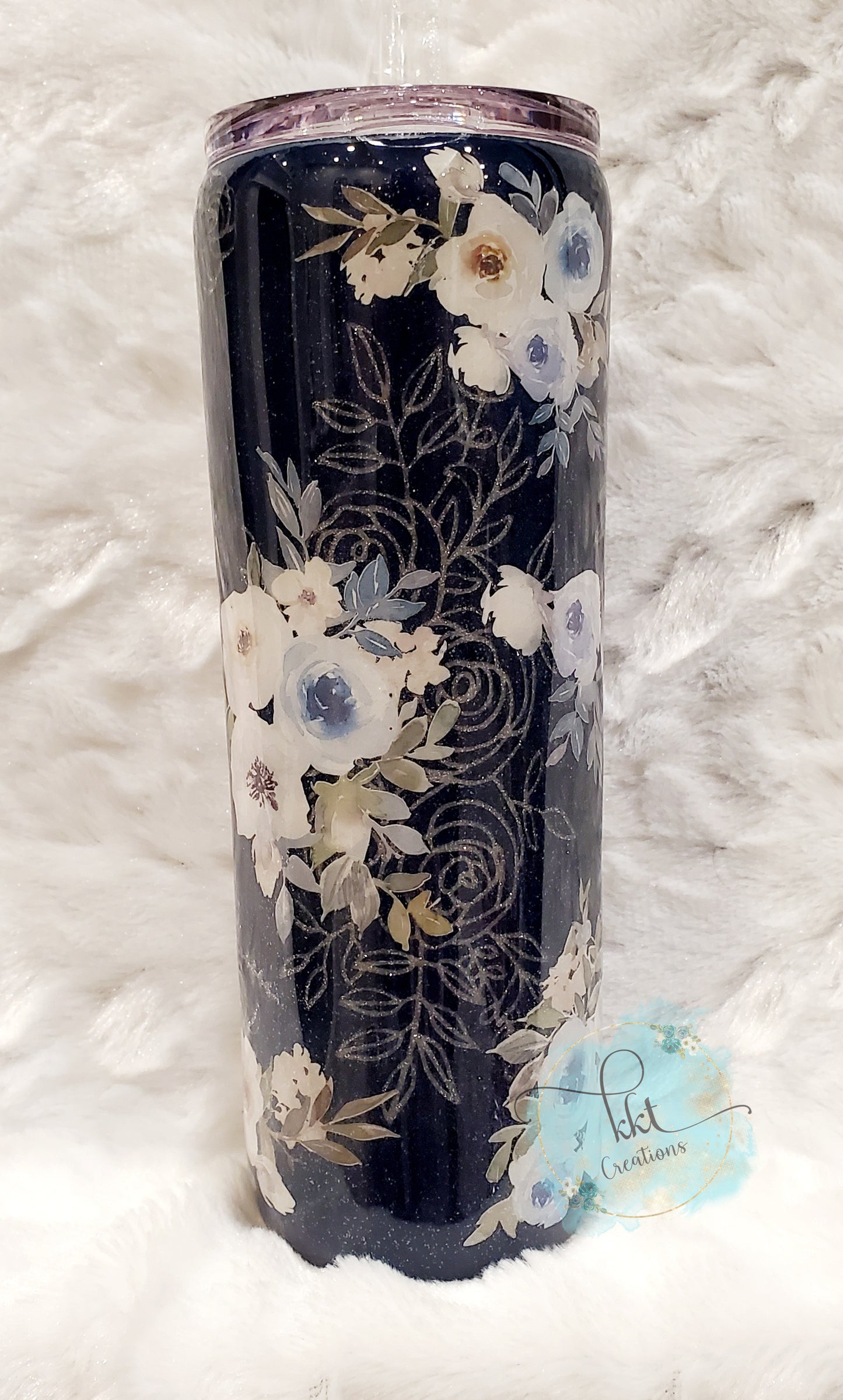 MAMA floral peekaboo custom tumbler - 20 oz skinny - navy blue, silver