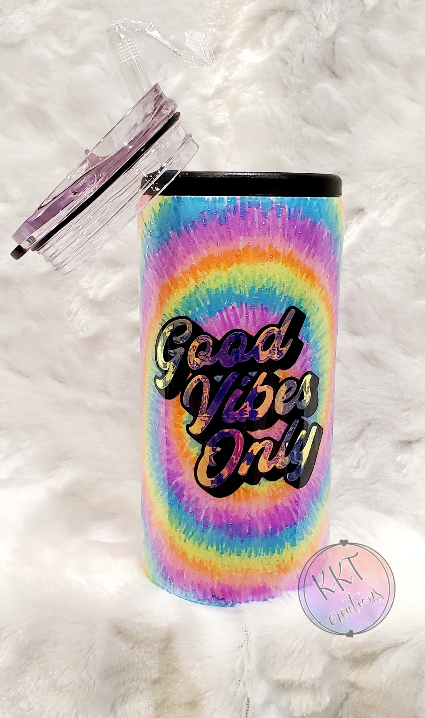 Tie Dye Good Vibes Only Custom Tumbler - 12 oz SLIM Douzie/Couzie - Multicolored