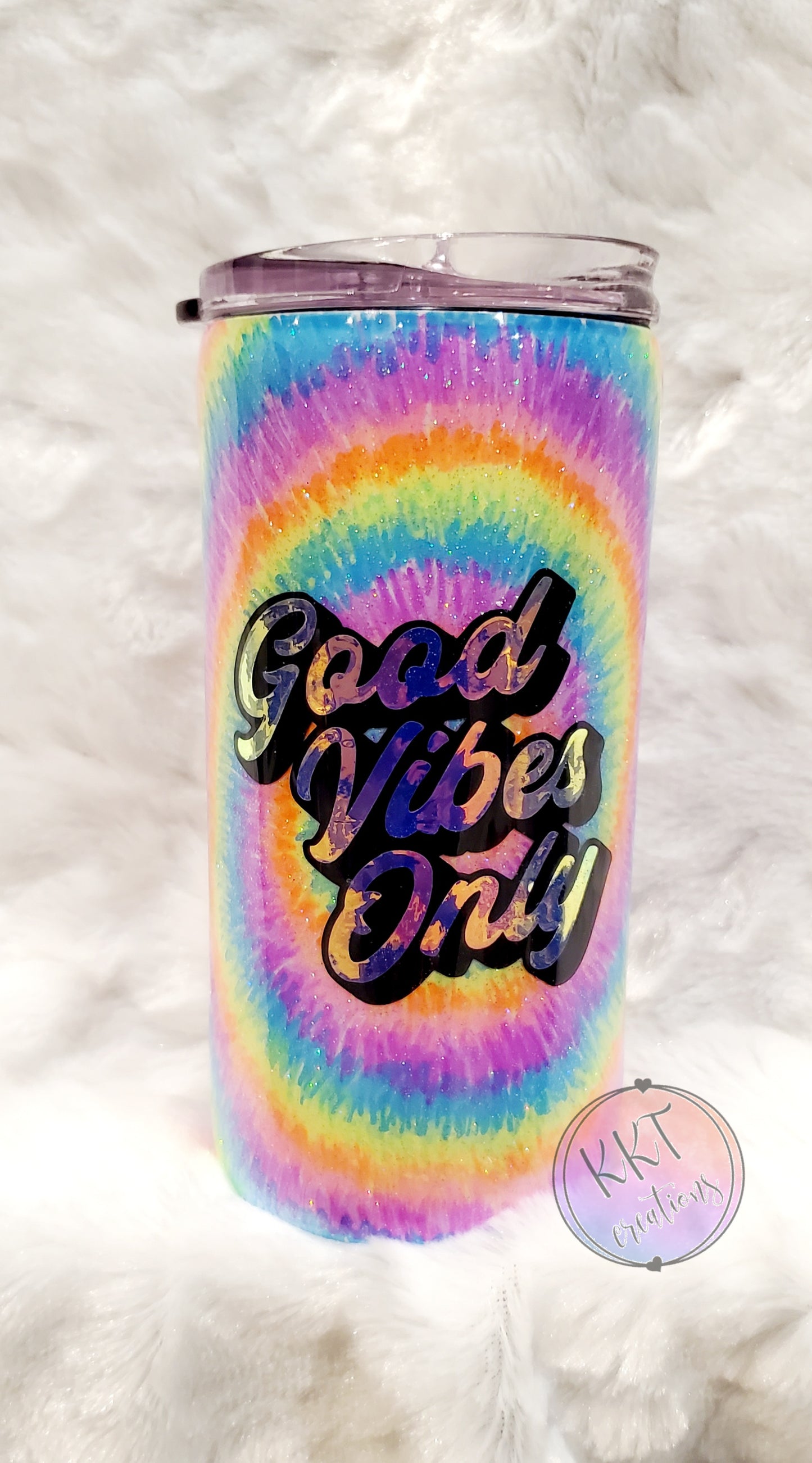 Tie Dye Good Vibes Only Custom Tumbler - 12 oz SLIM Douzie/Couzie - Multicolored