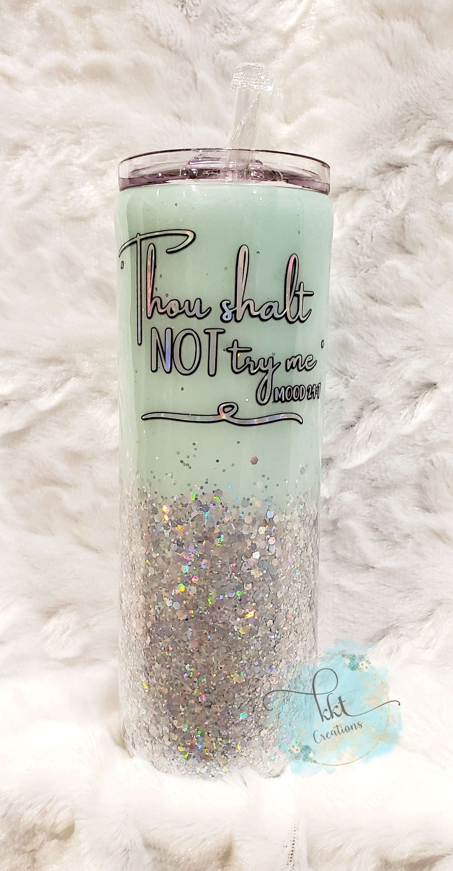 Thou shalt not Try Me glitter custom tumbler - 20 oz skinny - mint, silver