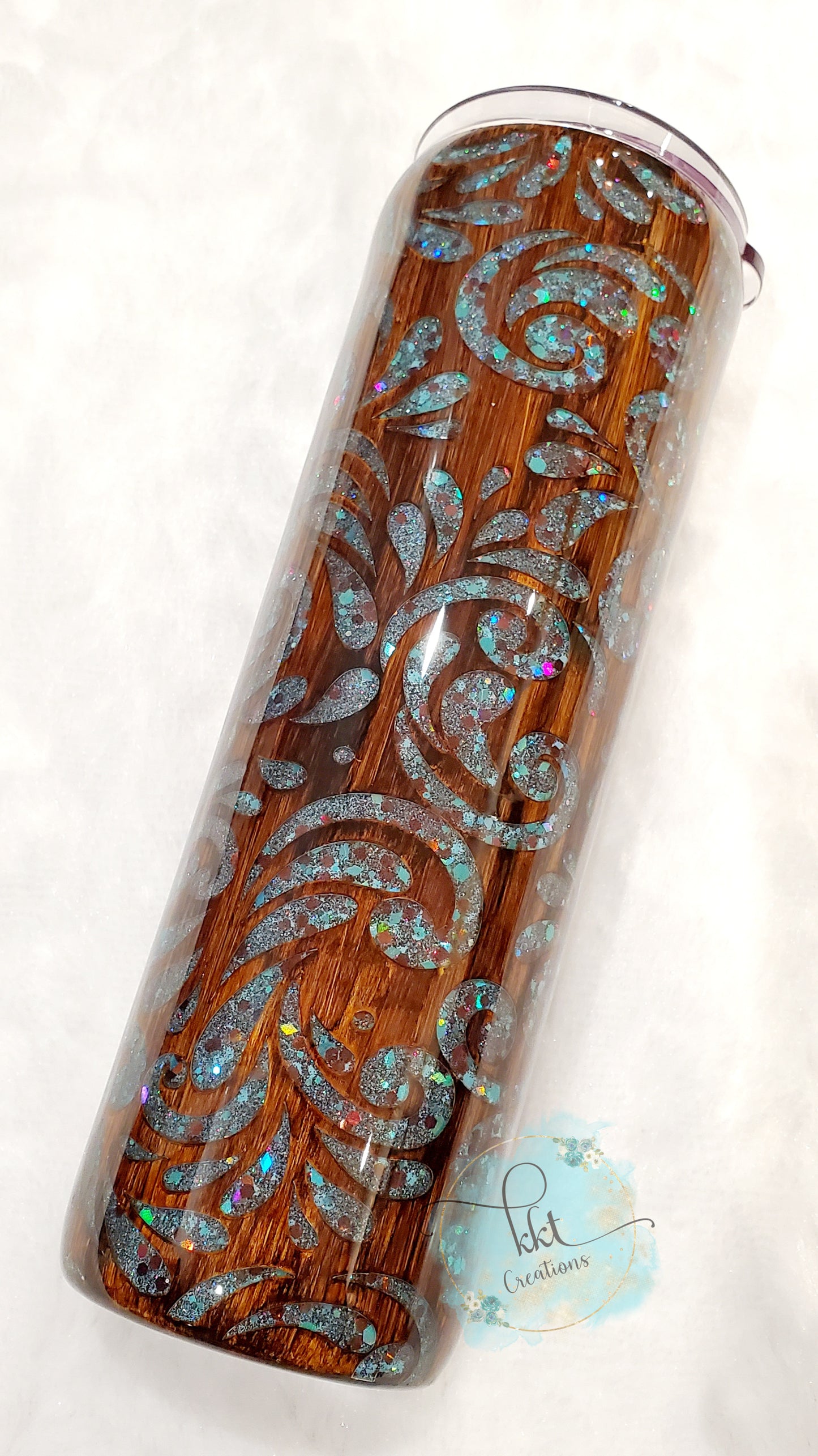 Western woodgrain glitter custom tumbler - 30 oz skinny taper - turquoise, brown