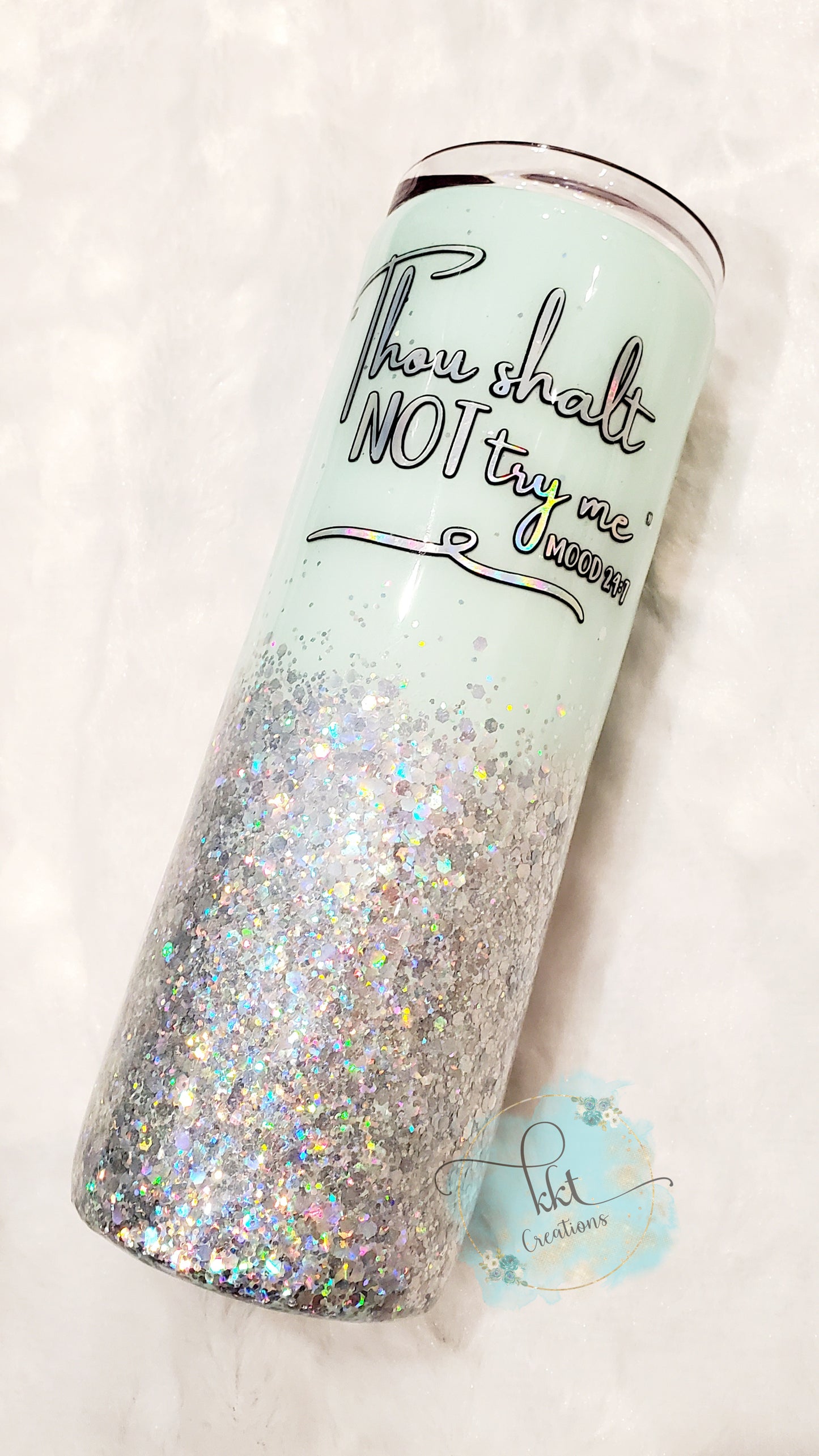 Thou shalt not Try Me glitter custom tumbler - 20 oz skinny - mint, silver