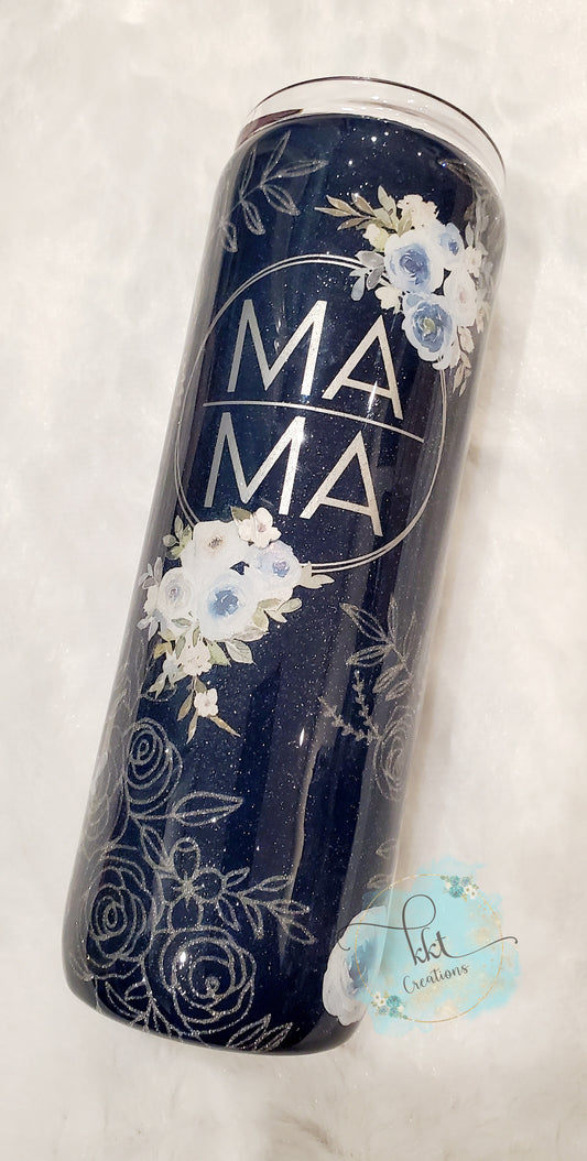 MAMA floral peekaboo custom tumbler - 20 oz skinny - navy blue, silver