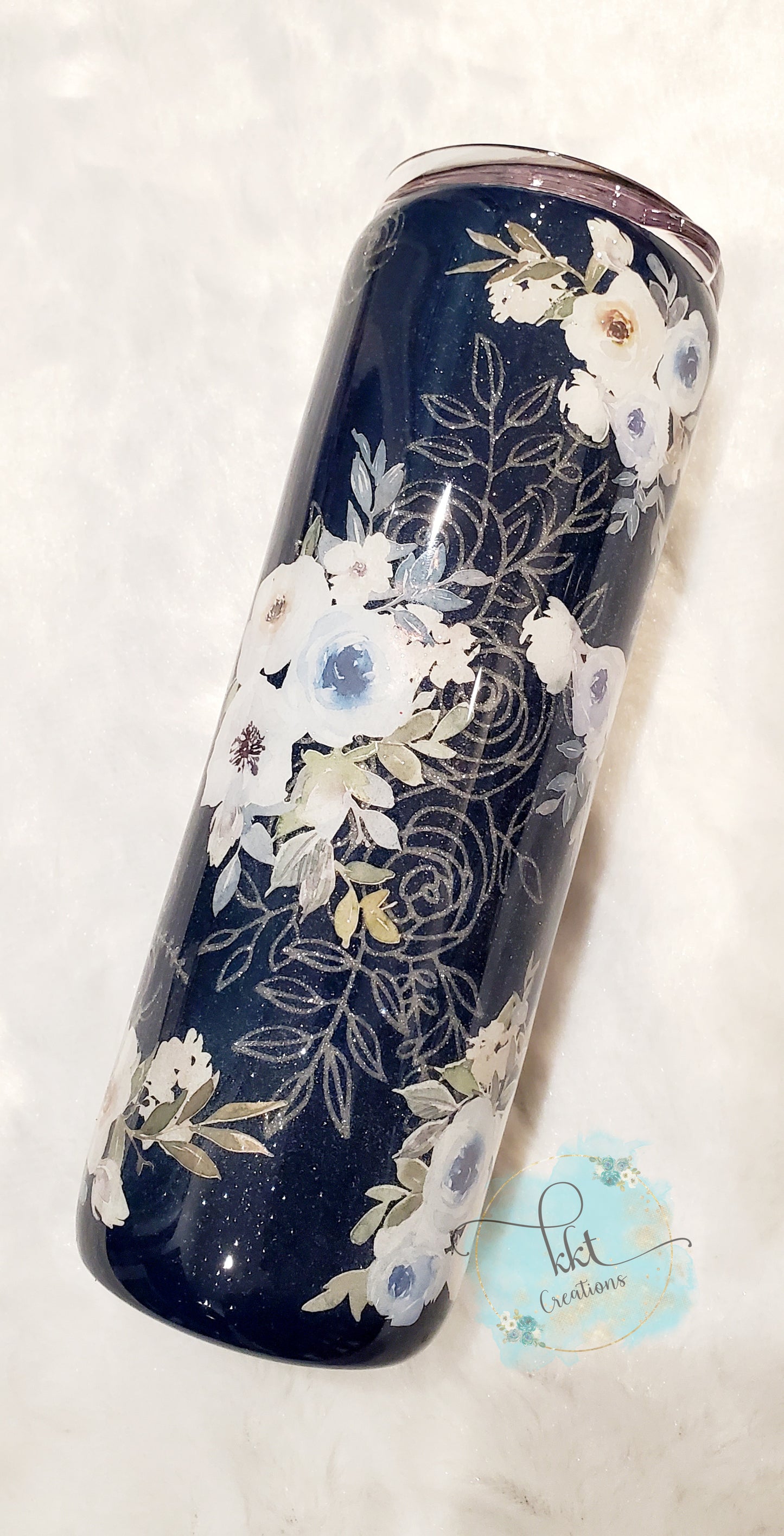 MAMA floral peekaboo custom tumbler - 20 oz skinny - navy blue, silver