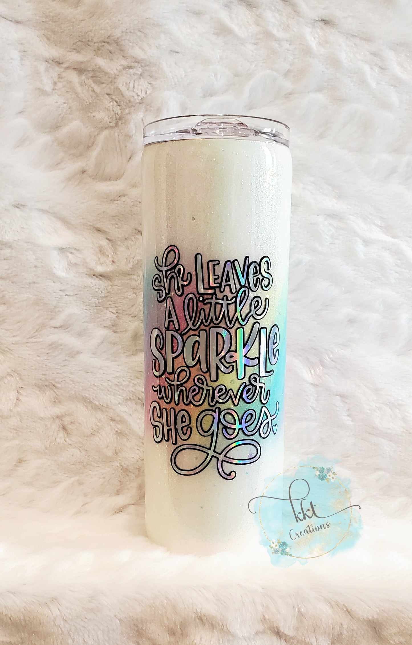 She Leaves a Little Sparkle Wherever She Goes Custom Tumbler - 20 oz Skinny Straight - pastel rainbow