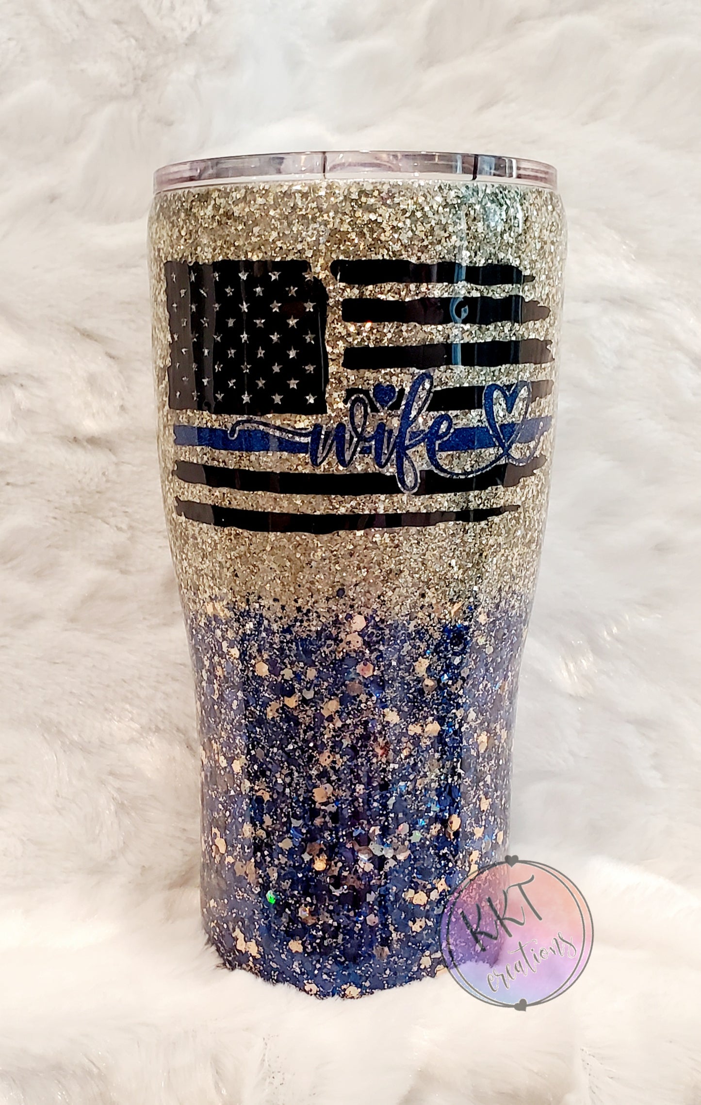 Police Wife Glittered Ombre Custom Tumbler - 20 oz Curve - Blue and Silver