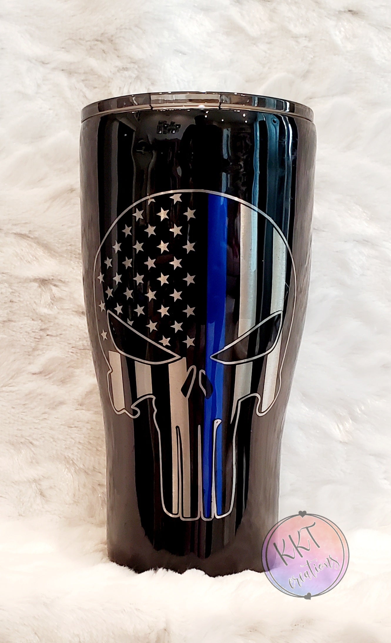 Police Punisher Non Glittered Custom Tumbler - 30 oz Curve - Blue and Silver