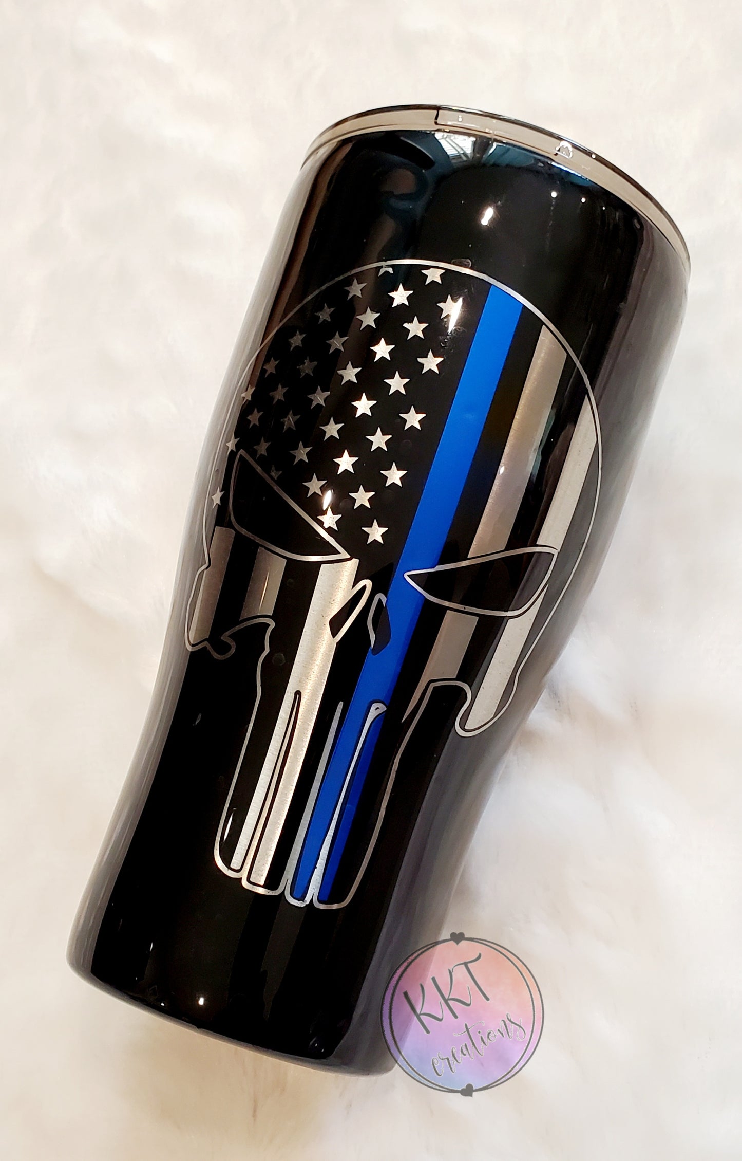 Police Punisher Non Glittered Custom Tumbler - 30 oz Curve - Blue and Silver