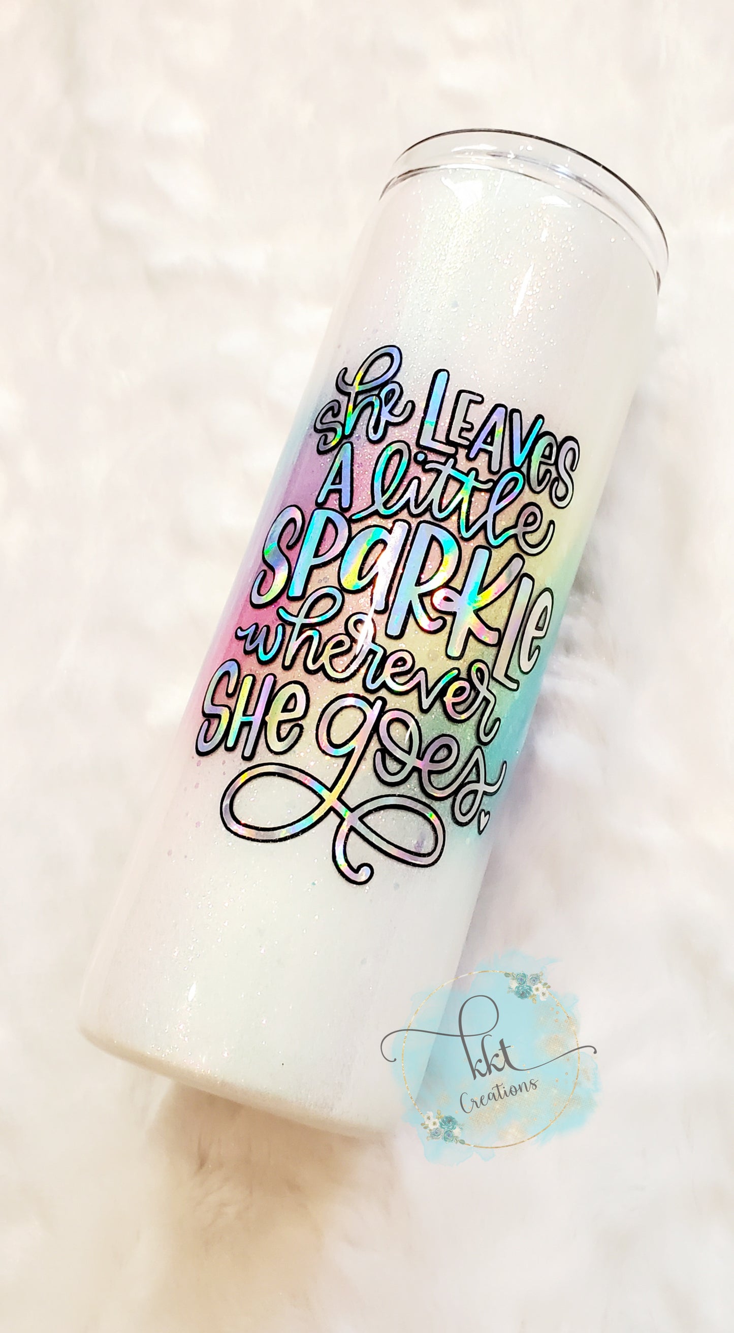 She Leaves a Little Sparkle Wherever She Goes Custom Tumbler - 20 oz Skinny Straight - pastel rainbow